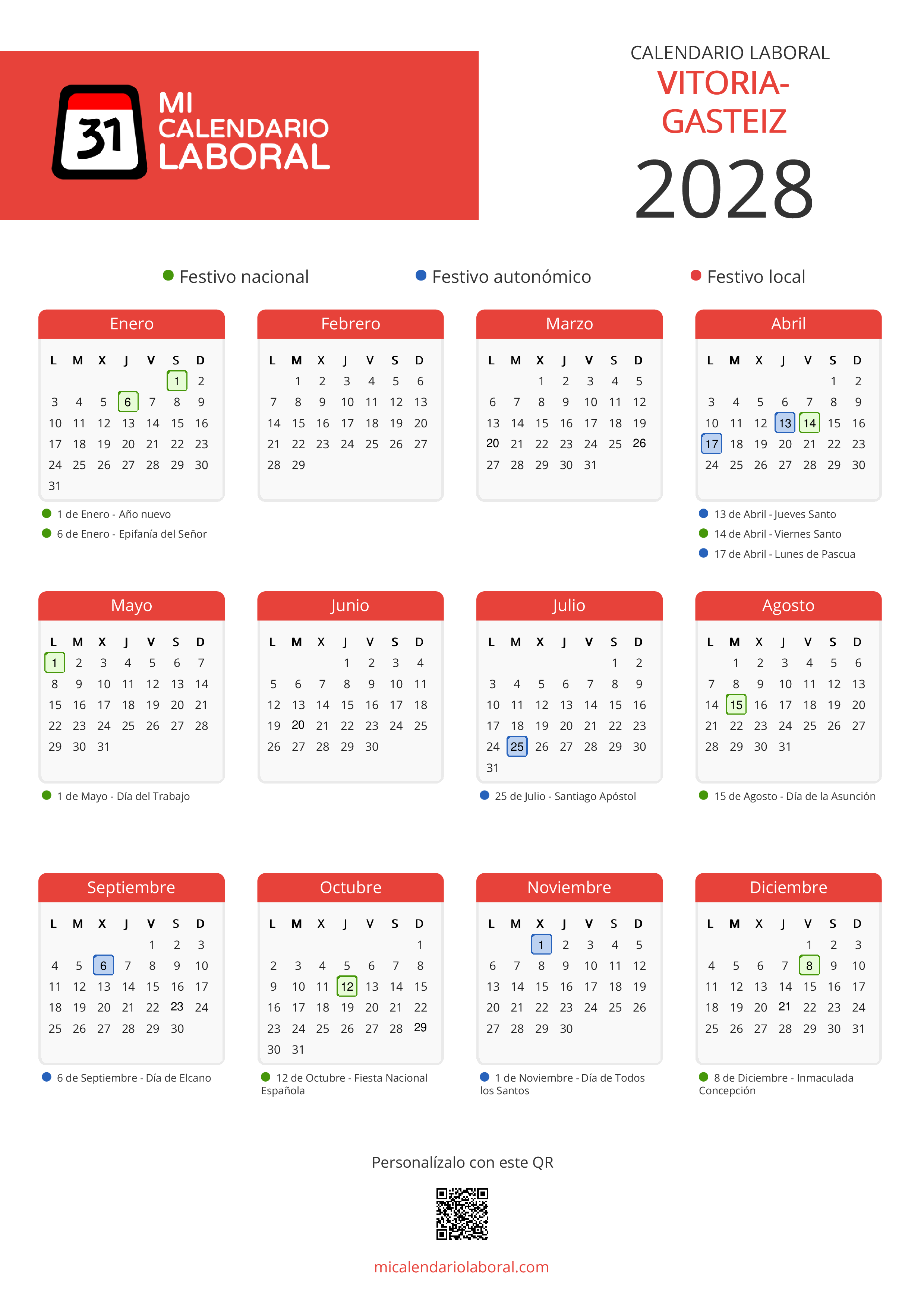 Calendario Laboral de Vitoria-Gasteiz 2028 - Feriados y puentes de Vitoria-Gasteiz formato vertical