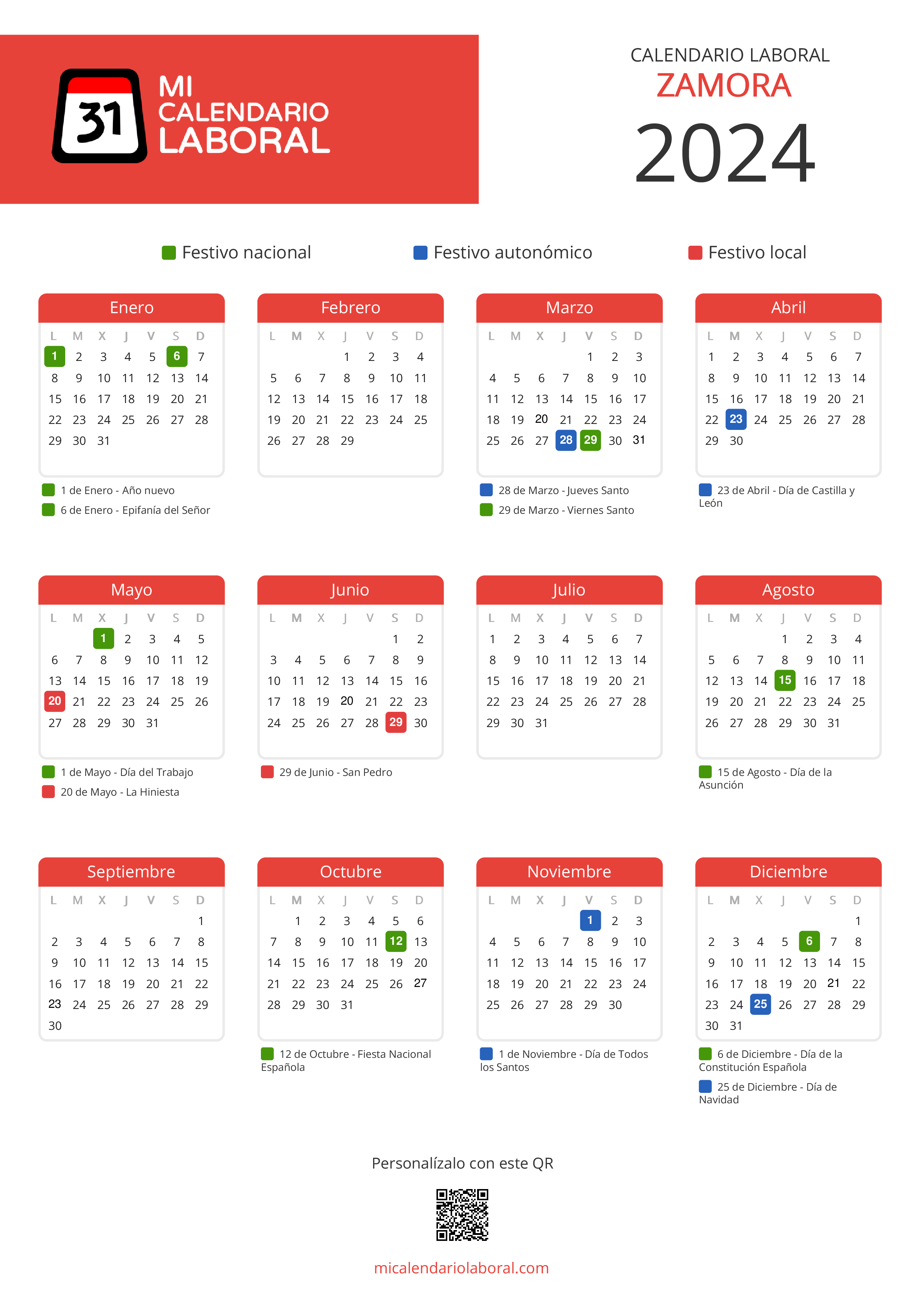 Calendario Laboral de Zamora 2024 - Feriados y puentes de Zamora formato vertical