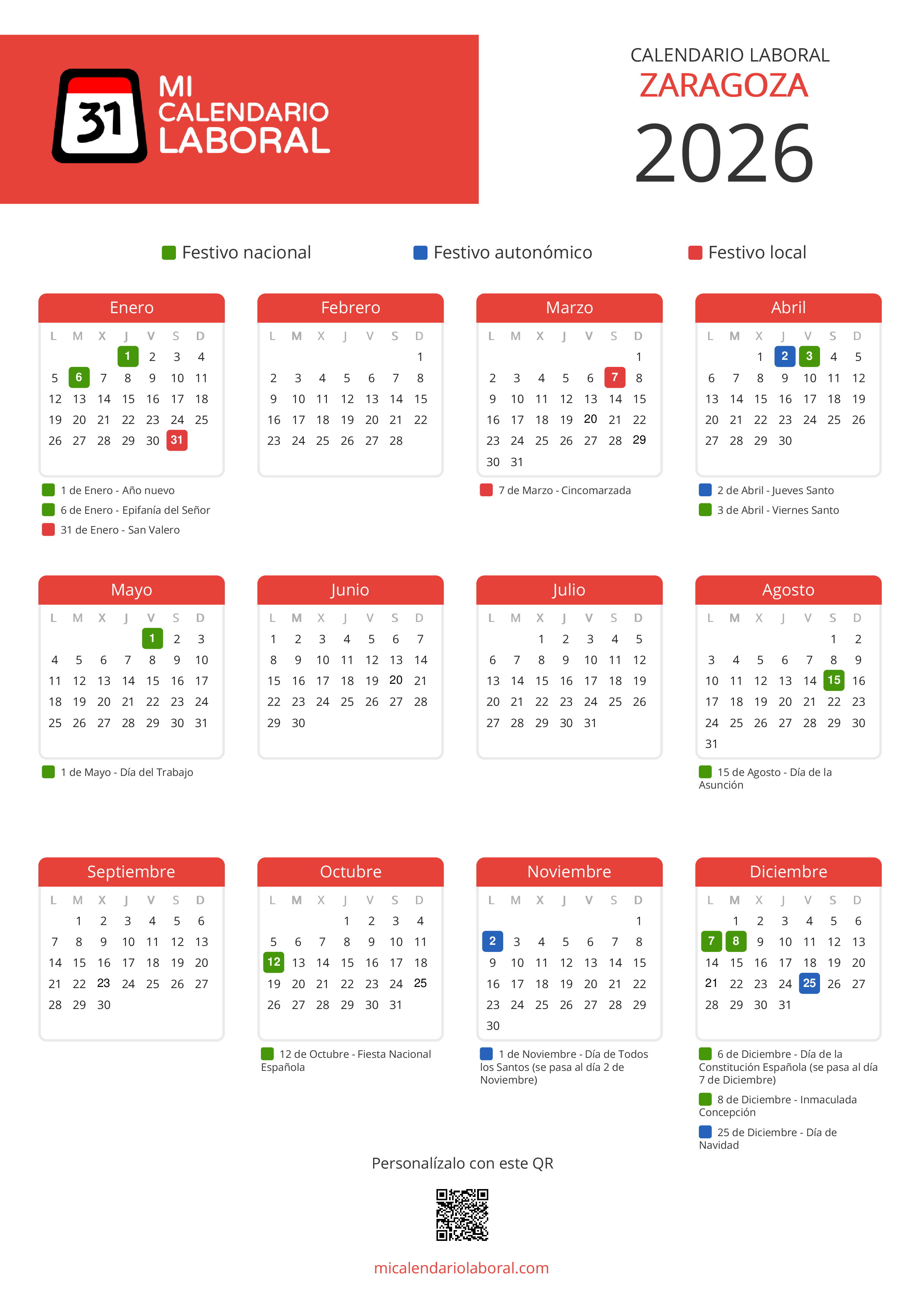 Calendario Laboral de Zaragoza 2026 - Feriados y puentes de Zaragoza formato vertical