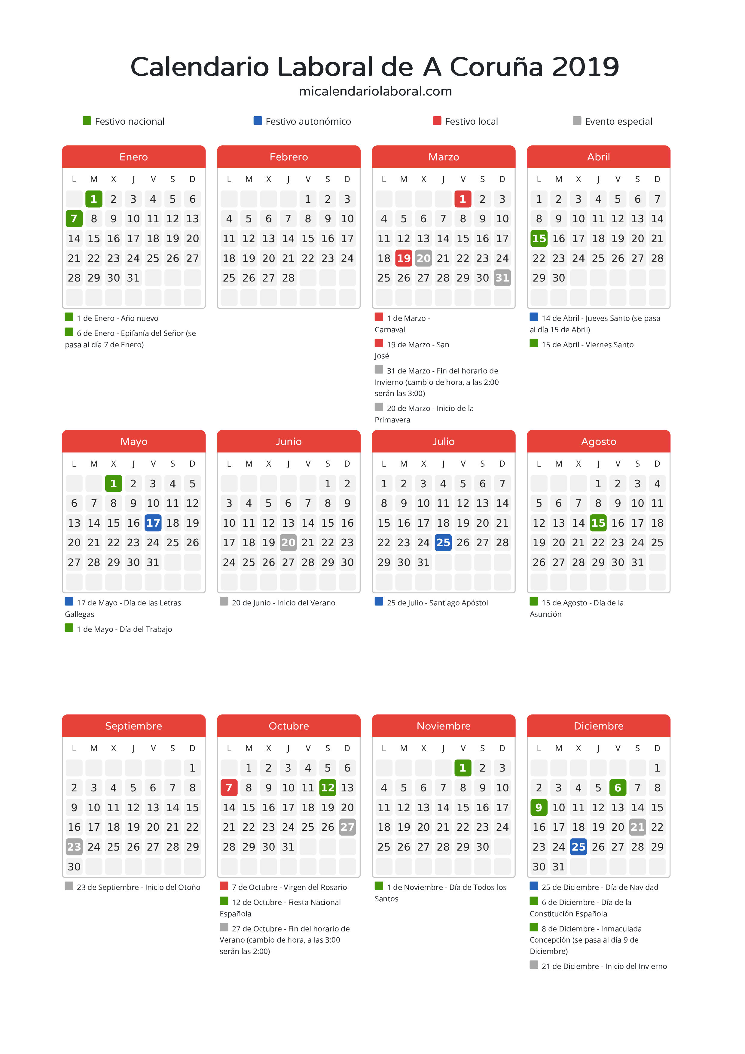 Calendario Laboral de A Coruña 2019 - Días festivos - Descubre todos los festivos, días no laborables y días inhábiles en el calendario de A Coruña propuestos por Xunta de Galicia. Organiza tus vacaciones y puentes en 2019.