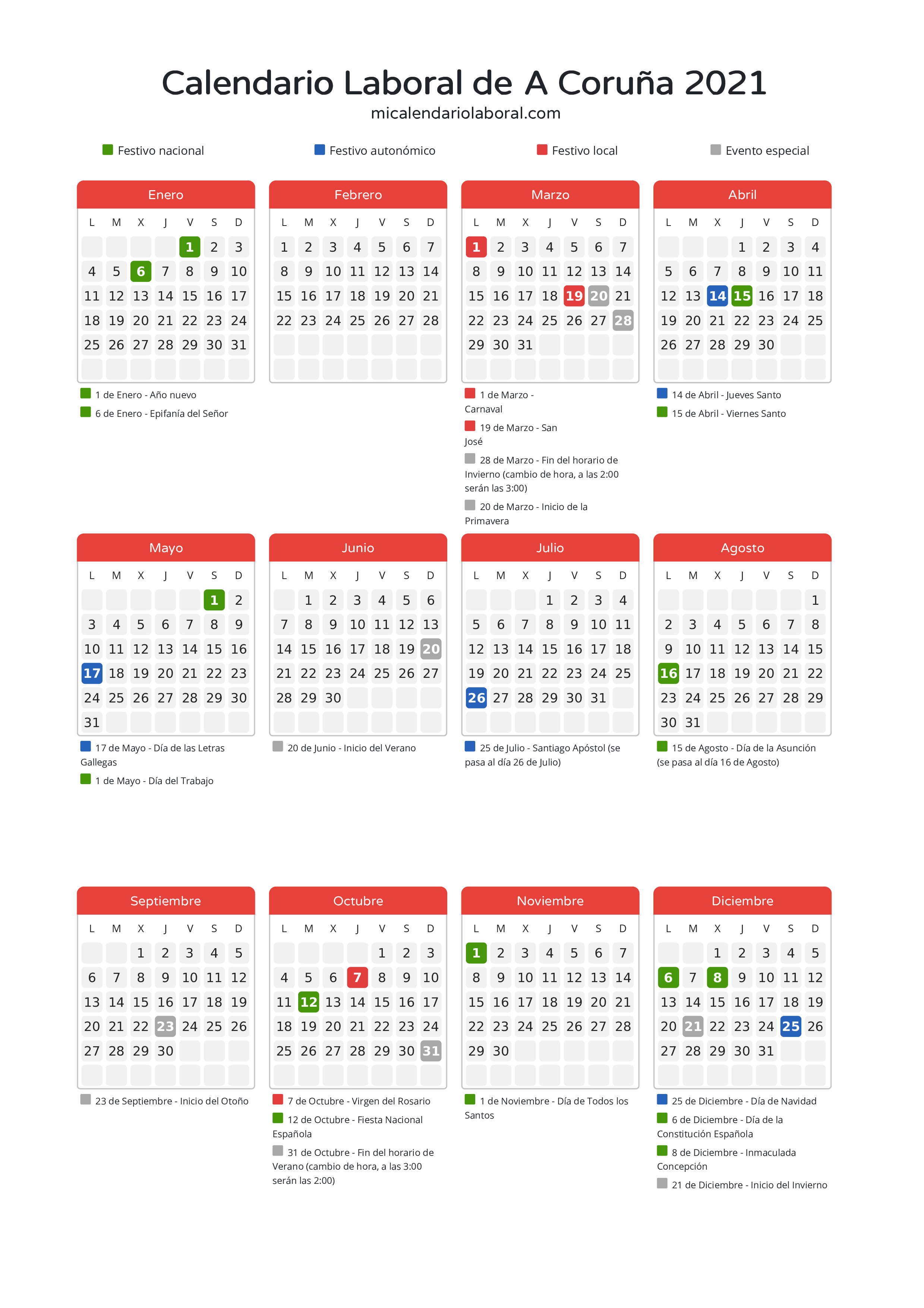 Calendario Laboral de A Coruña 2021 - Días festivos - Descubre todos los festivos, días no laborables y días inhábiles en el calendario de A Coruña propuestos por Xunta de Galicia. Organiza tus vacaciones y puentes en 2021.