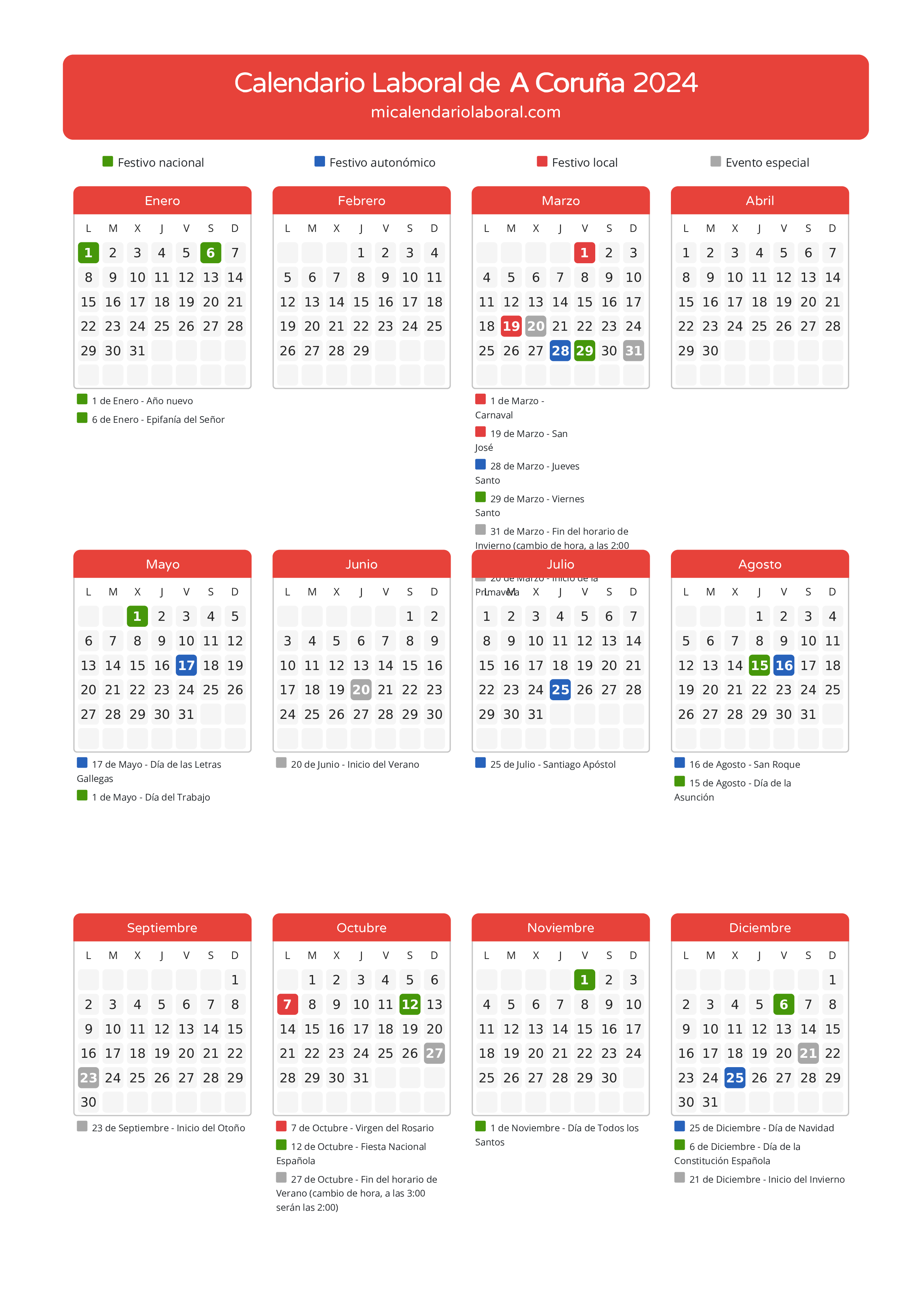 Calendario Laboral de A Coruña 2024 - Días festivos - Aquí tienes todos los días festivos, no laborables y días inhábiles de la provincia del calendario de A Coruña del año 2024