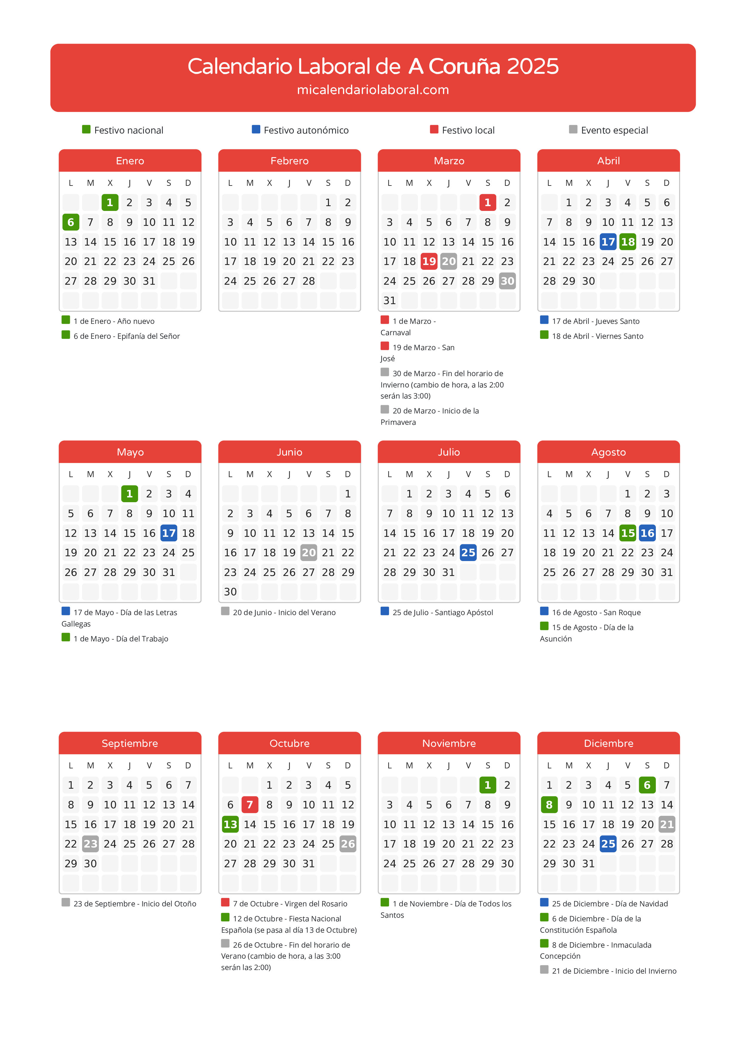 Calendario Laboral de A Coruña 2025 - Días festivos - Aquí tienes todos los días festivos, no laborables y días inhábiles de la provincia del calendario de A Coruña del año 2025