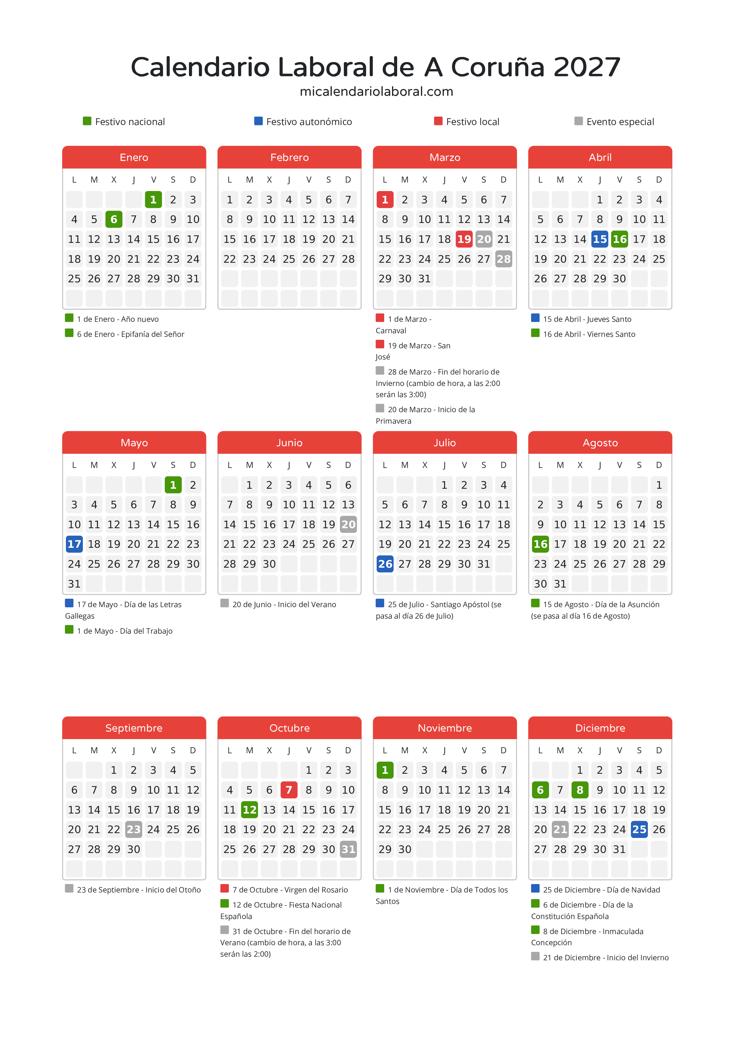 Calendario Laboral de A Coruña 2027 - Días festivos - Descubre todos los festivos, días no laborables y días inhábiles en el calendario de A Coruña propuestos por Xunta de Galicia. Organiza tus vacaciones y puentes en 2027.