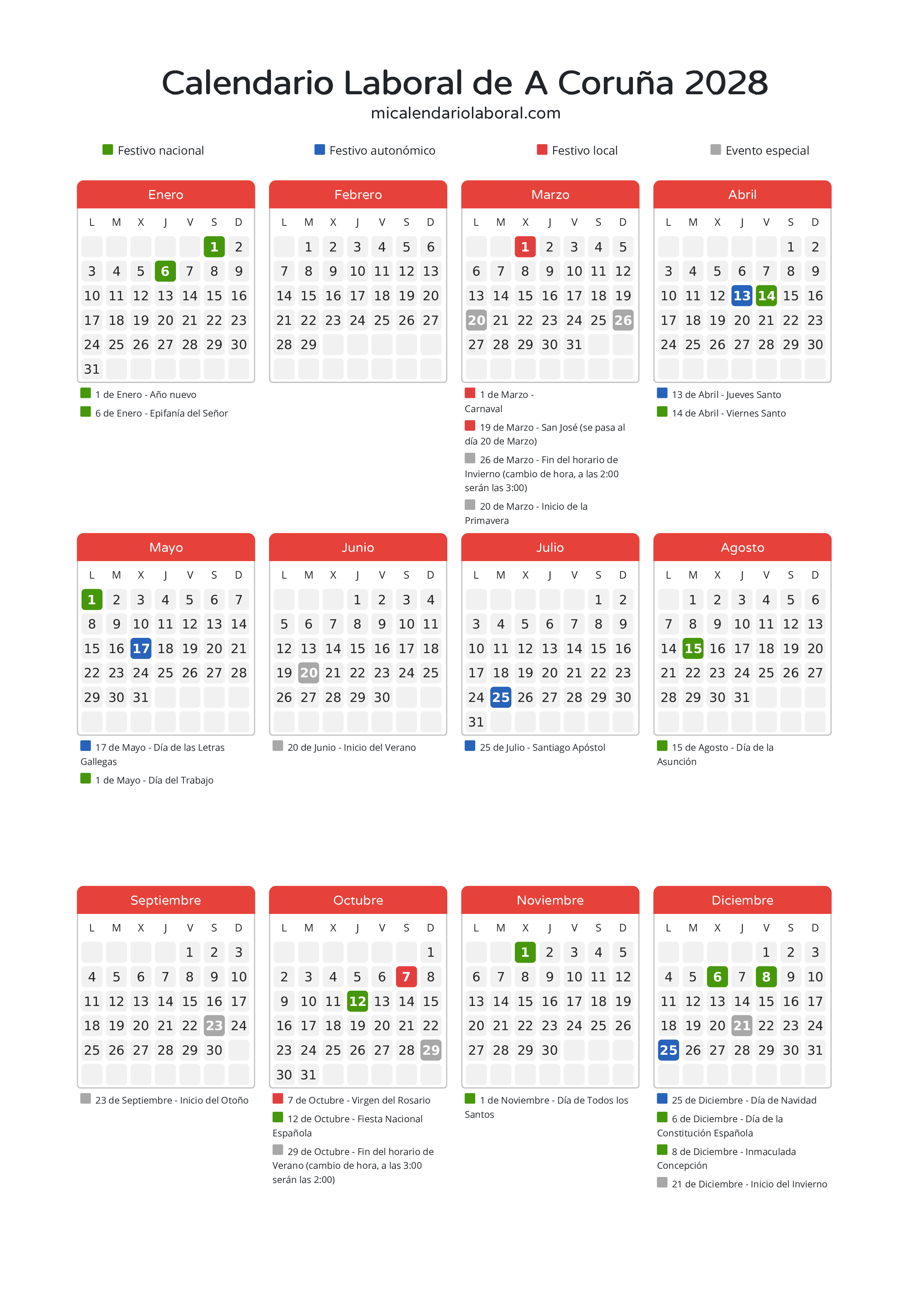 Calendario Laboral de A Coruña 2028 - Días festivos - Descubre todos los festivos, días no laborables y días inhábiles en el calendario de A Coruña propuestos por Xunta de Galicia. Organiza tus vacaciones y puentes en 2028.