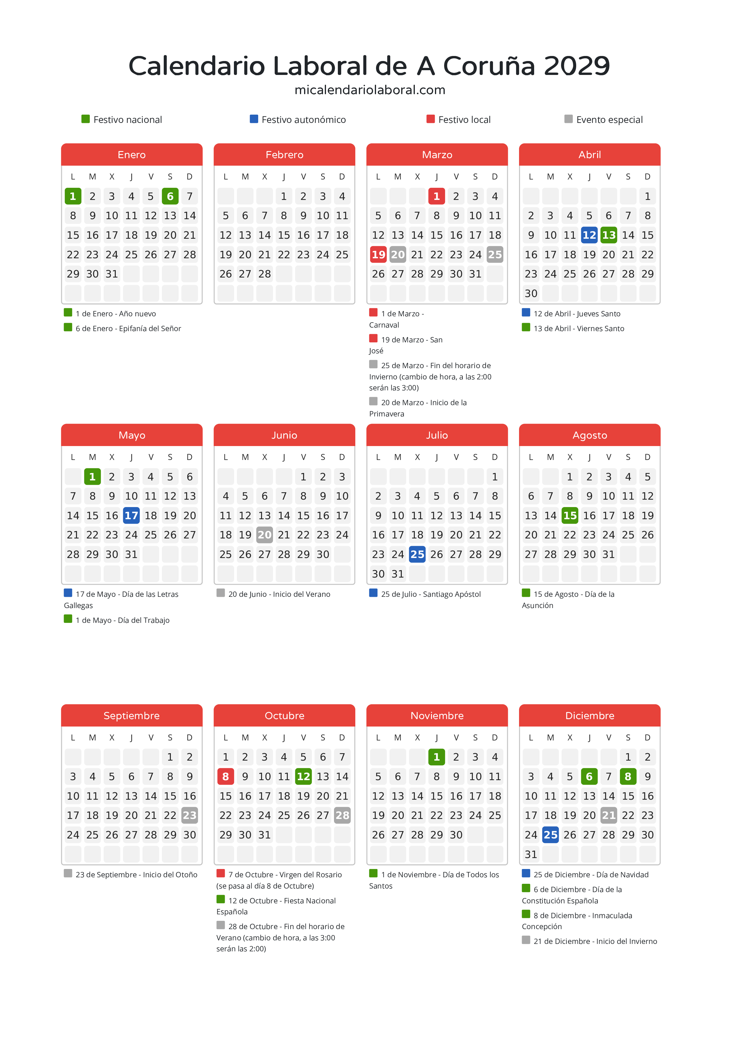 Calendario Laboral de A Coruña 2029 - Días festivos - Descubre todos los festivos, días no laborables y días inhábiles en el calendario de A Coruña propuestos por Xunta de Galicia. Organiza tus vacaciones y puentes en 2029.