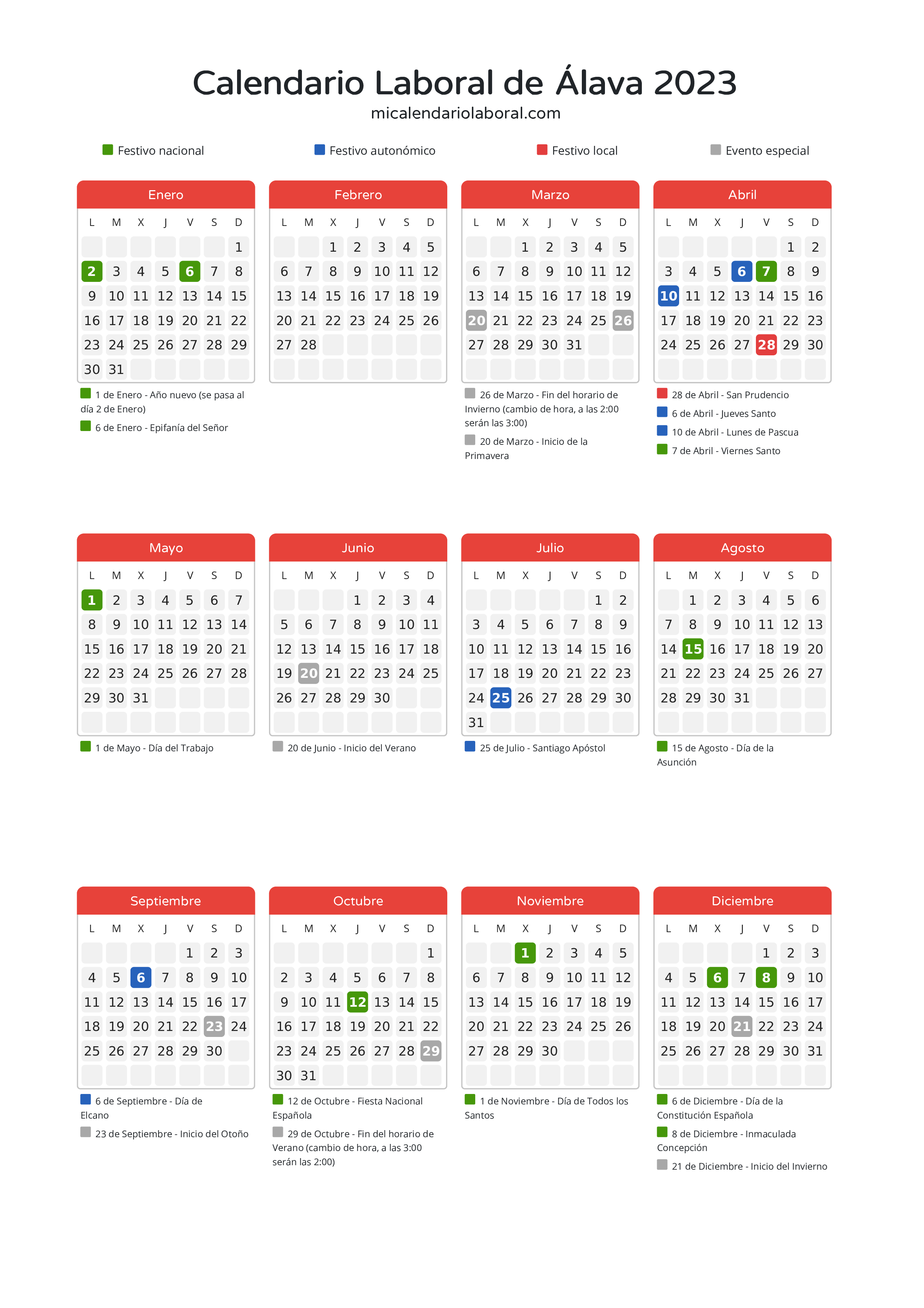 Calendario Laboral de Álava 2023 - Días festivos - Aquí tienes todos los días festivos, no laborables y días inhábiles de la provincia del calendario de Álava del año 2023