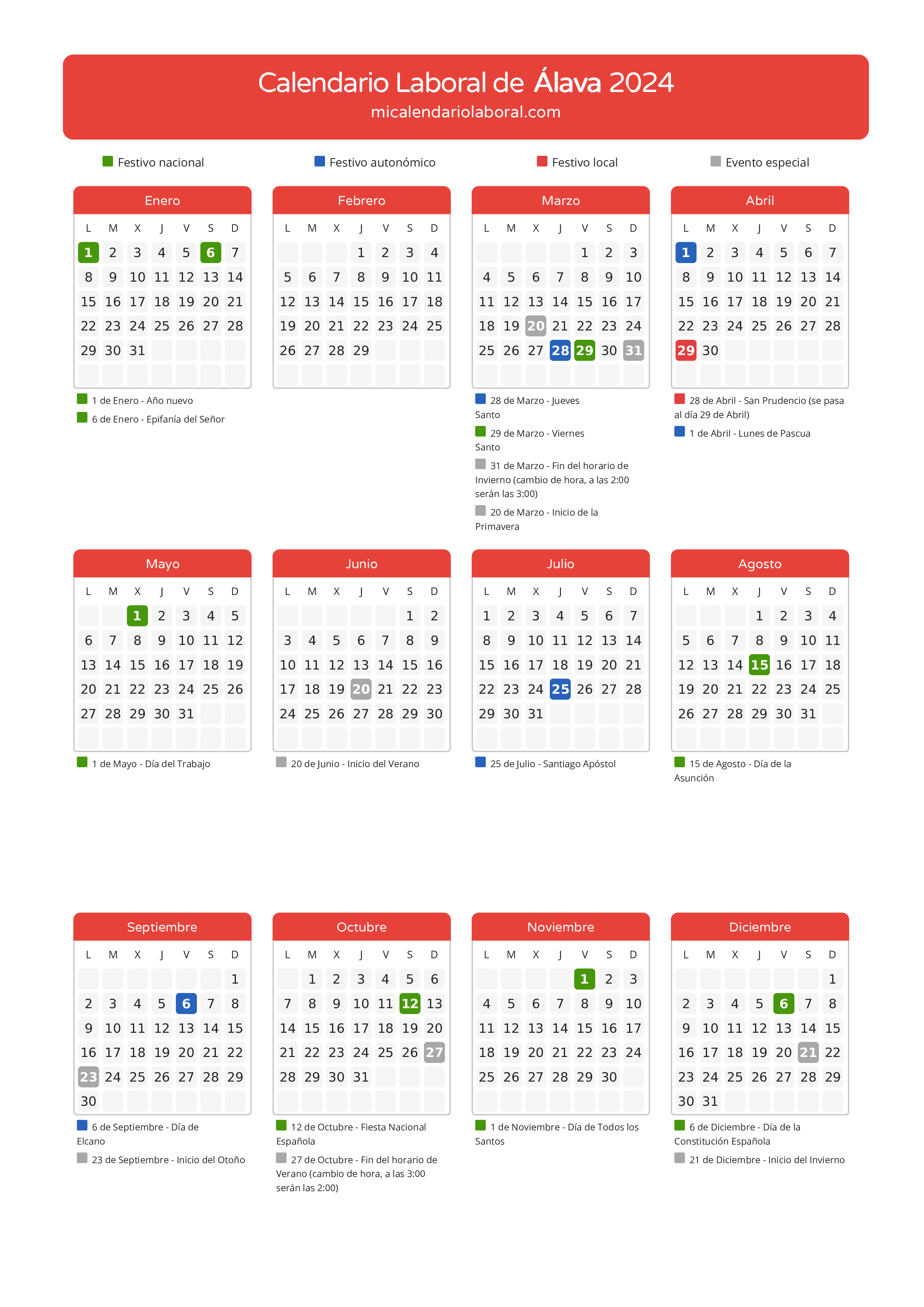 Calendario Laboral de Álava 2024 - Días festivos - Aquí tienes todos los días festivos, no laborables y días inhábiles de la provincia del calendario de Álava del año 2024