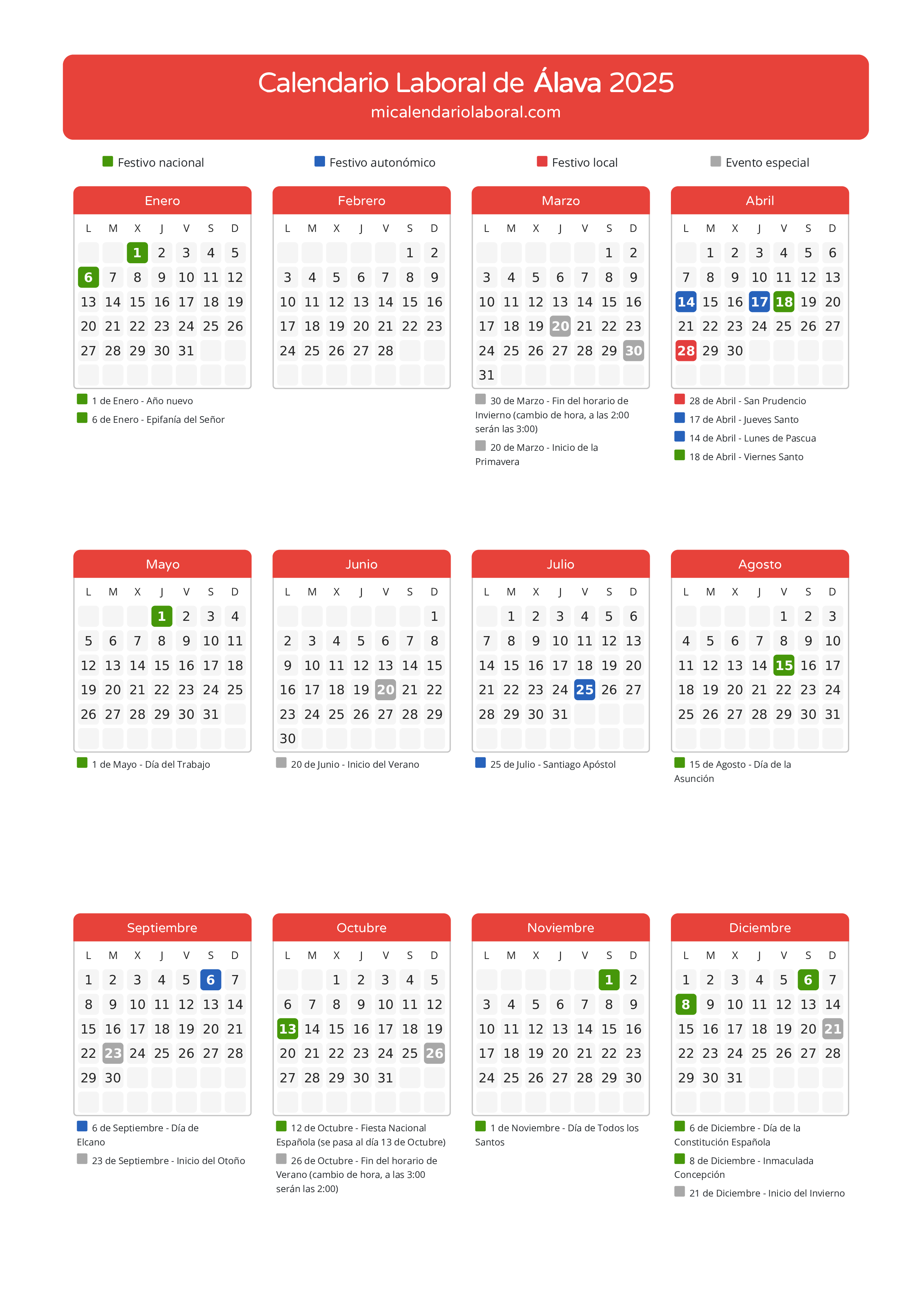 Calendario Laboral de Álava 2025 - Días festivos - Aquí tienes todos los días festivos, no laborables y días inhábiles de la provincia del calendario de Álava del año 2025