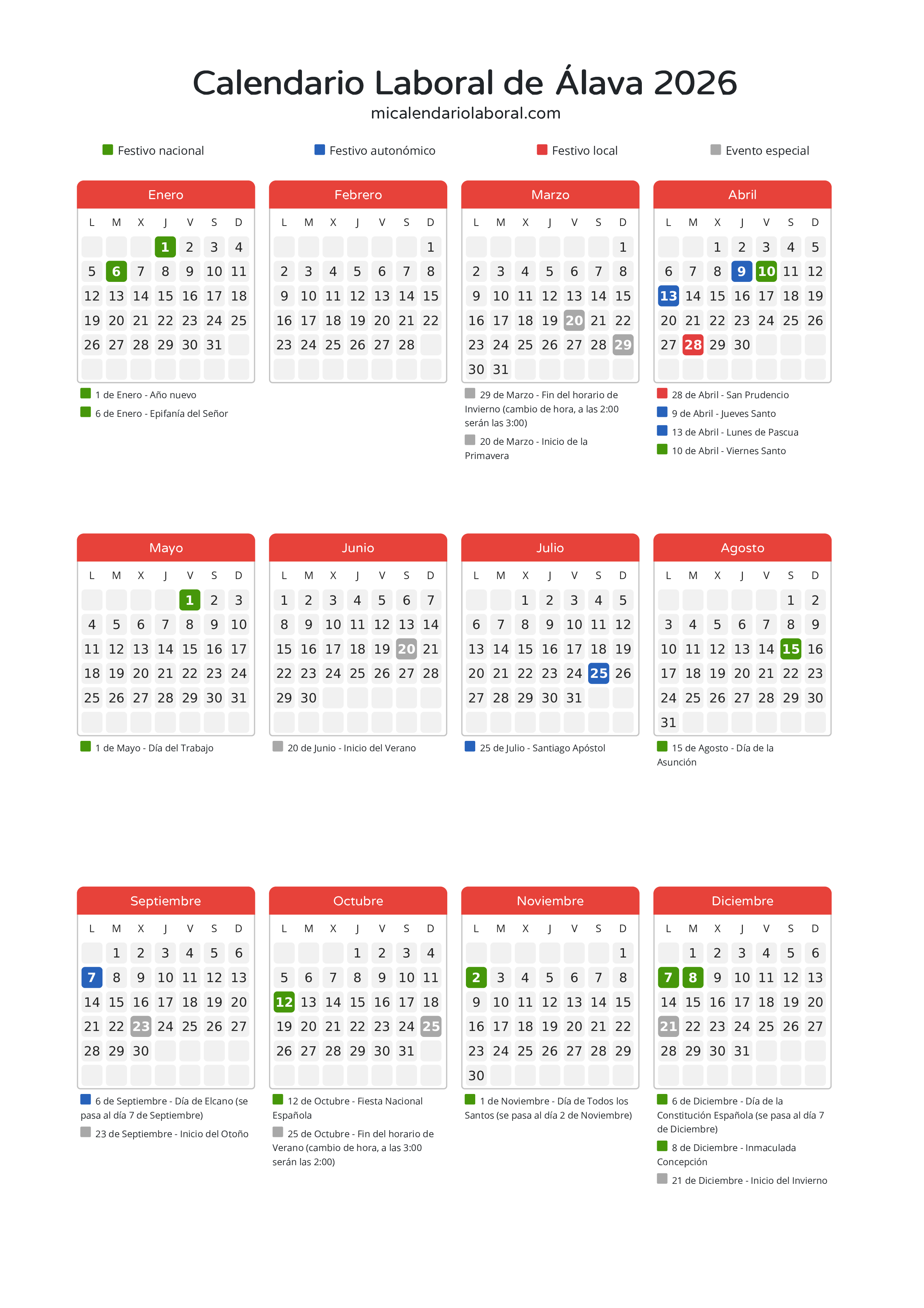 Calendario Laboral de Álava 2026 - Días festivos - Descubre todos los festivos, días no laborables y días inhábiles en el calendario de Álava propuestos por Gobierno Vasco. Organiza tus vacaciones y puentes en 2026.