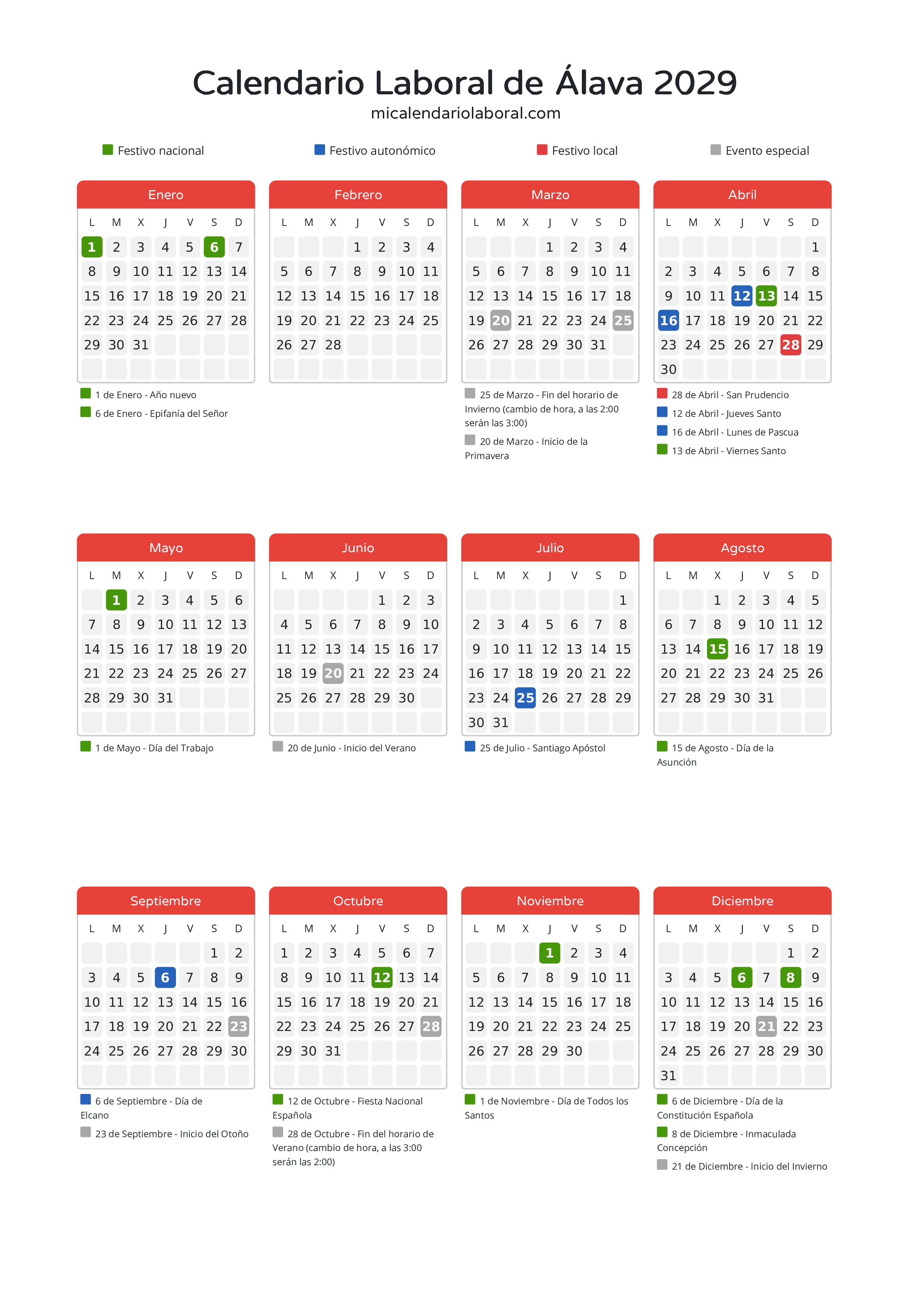 Calendario Laboral de Álava 2029 - Días festivos - Descubre todos los festivos, días no laborables y días inhábiles en el calendario de Álava propuestos por Gobierno Vasco. Organiza tus vacaciones y puentes en 2029.