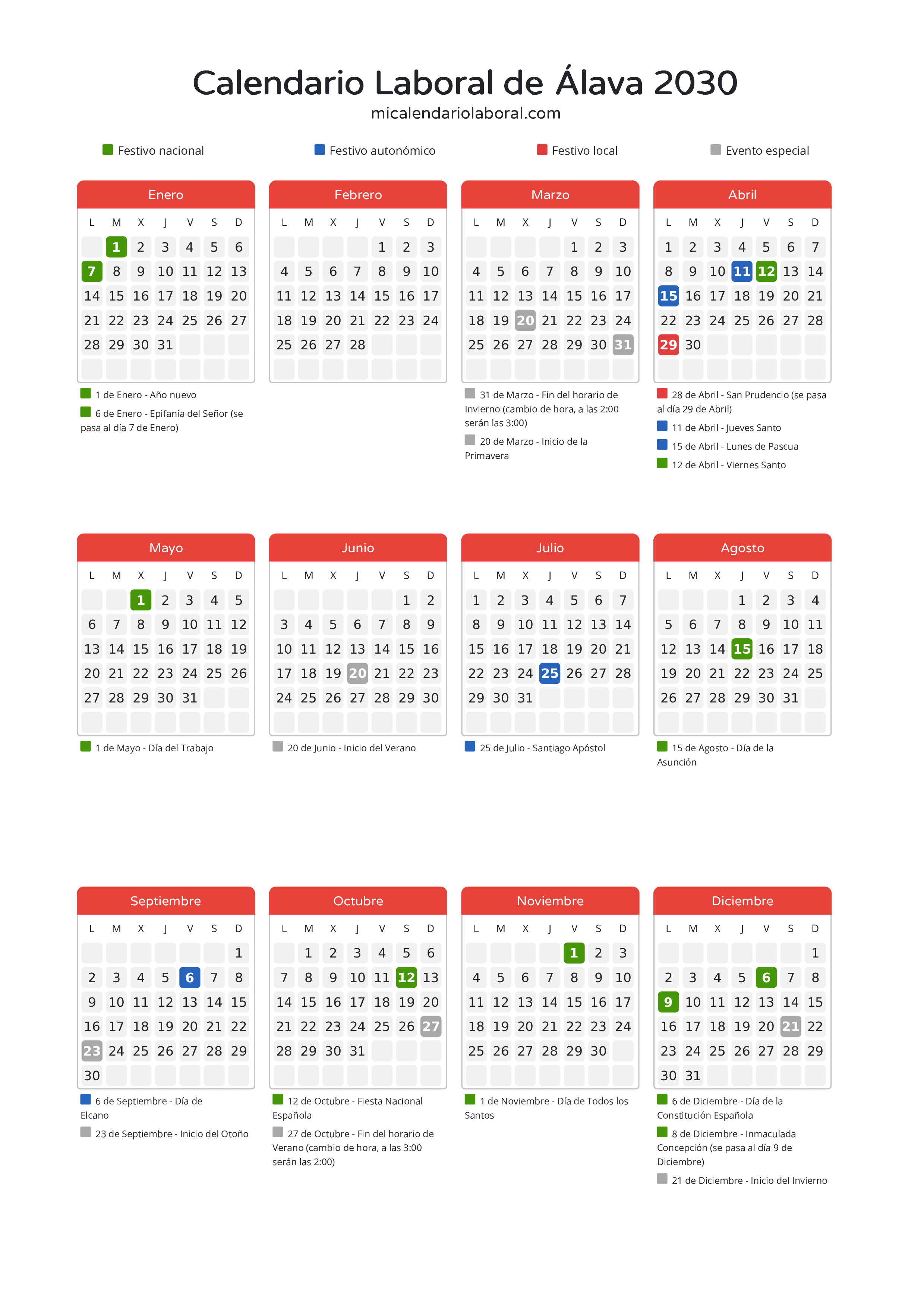 Calendario Laboral de Álava 2030 - Días festivos - Todos los festivos y días no laborables del calendario de Álava propuestos por Gobierno Vasco. Organiza tus vacaciones y puentes en 2030.