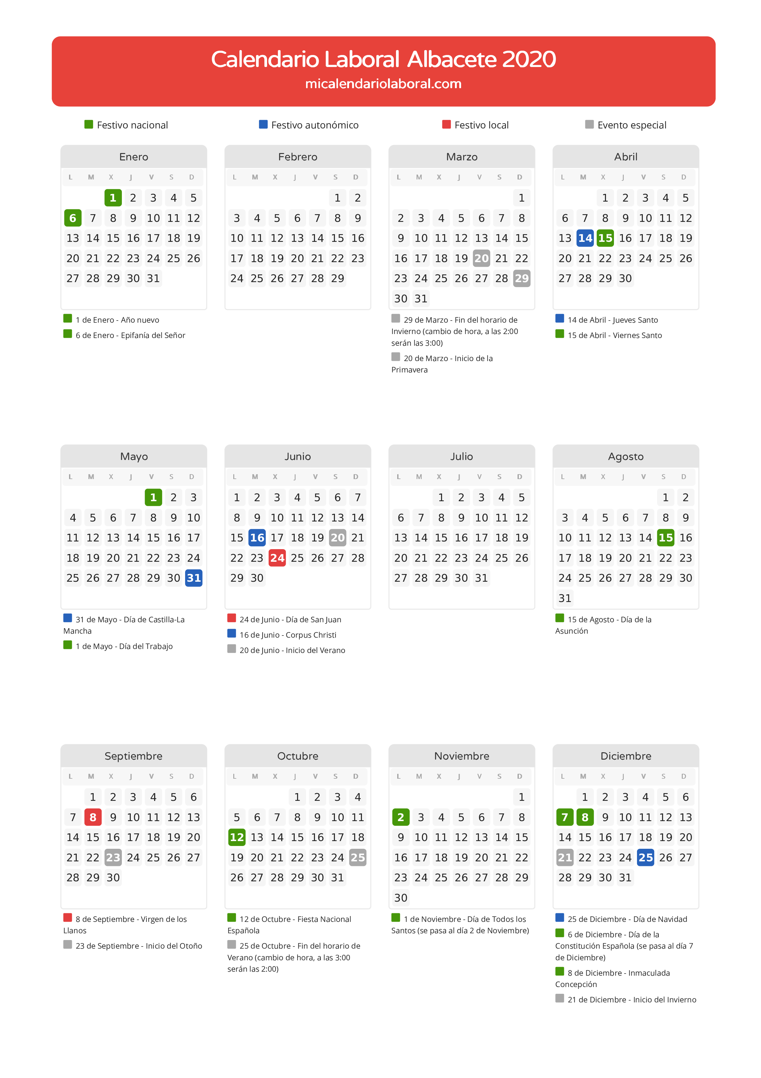 Calendario Laboral de Albacete 2020 - Días festivos - Todos los festivos y días no laborables del calendario de Albacete propuestos por Junta de Comunidades de Castilla-La Mancha. Organiza tus vacaciones y puentes en 2020.