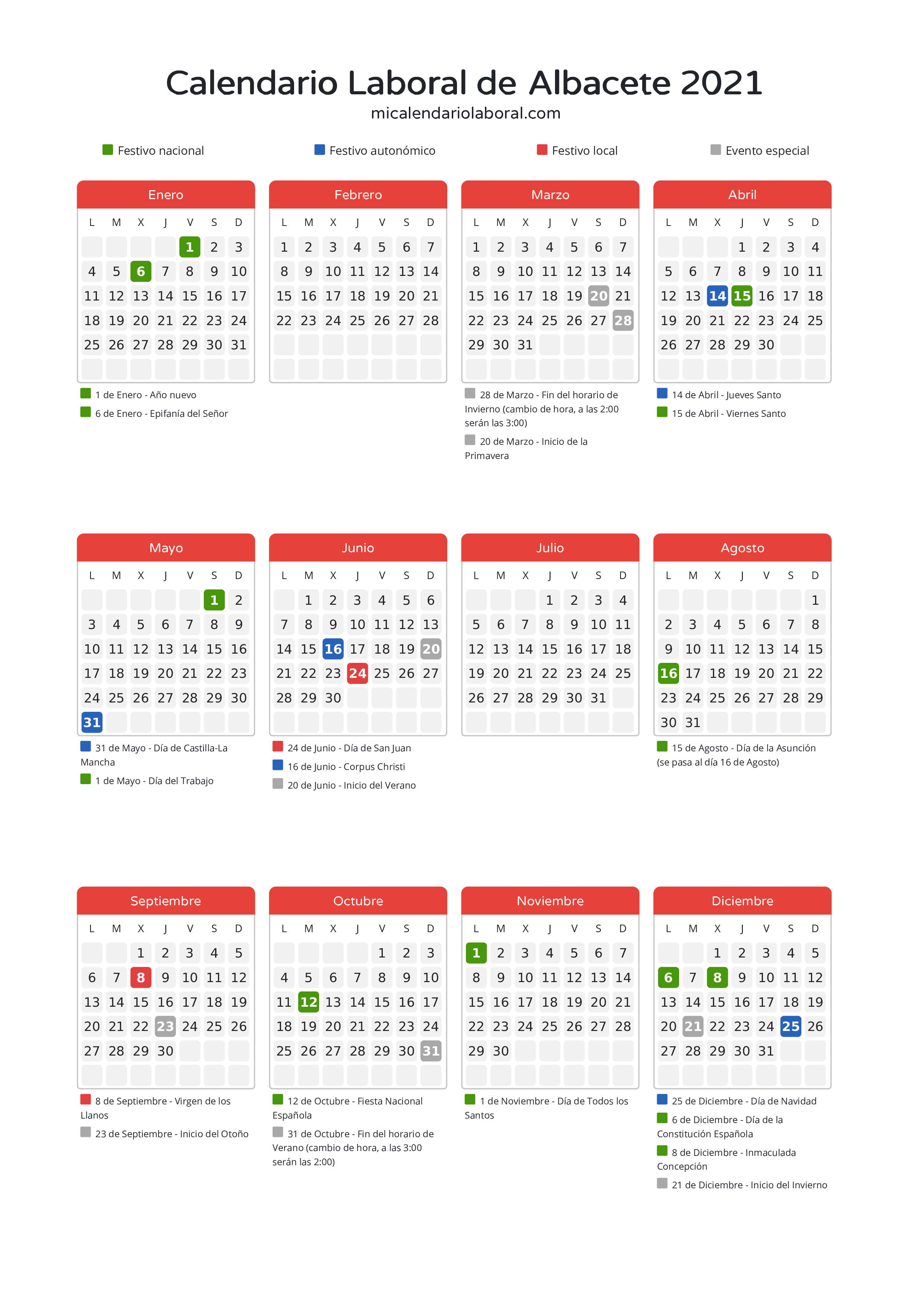 Calendario Laboral de Albacete 2021 - Días festivos - Descubre todos los festivos, días no laborables y días inhábiles en el calendario de Albacete propuestos por Junta de Comunidades de Castilla-La Mancha. Organiza tus vacaciones y puentes en 2021.