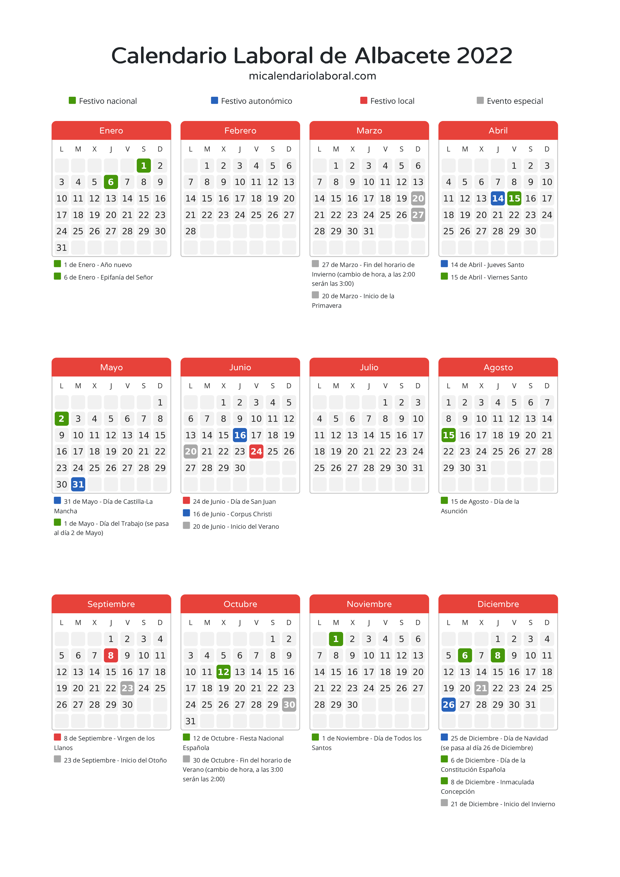 Calendario Laboral de Albacete 2022 - Días festivos - Descubre todos los festivos, días no laborables y días inhábiles en el calendario de Albacete propuestos por Junta de Comunidades de Castilla-La Mancha. Organiza tus vacaciones y puentes en 2022.