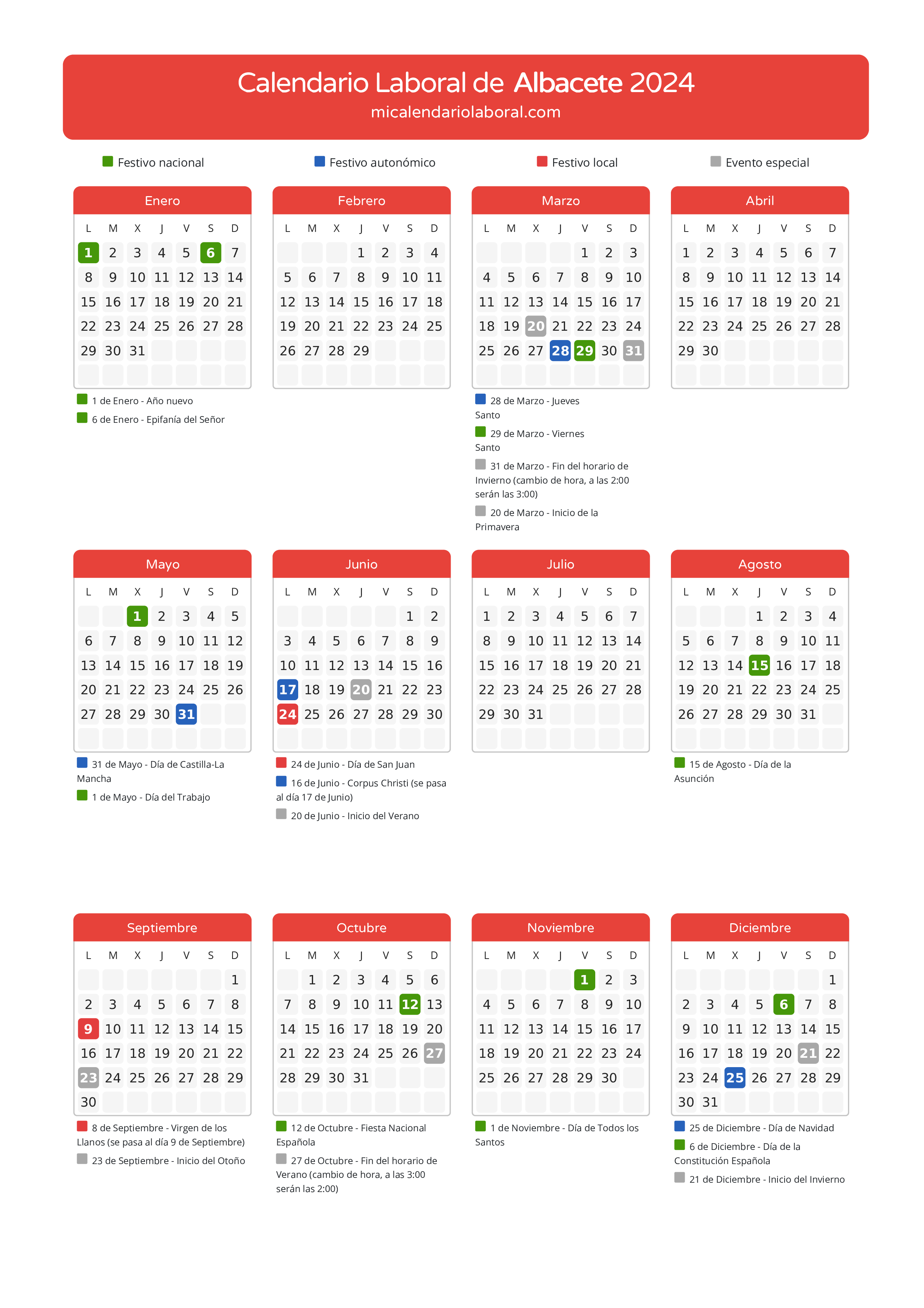 Calendario Laboral de Albacete 2024 - Días festivos - Aquí tienes todos los días festivos, no laborables y días inhábiles de la provincia del calendario de Albacete del año 2024