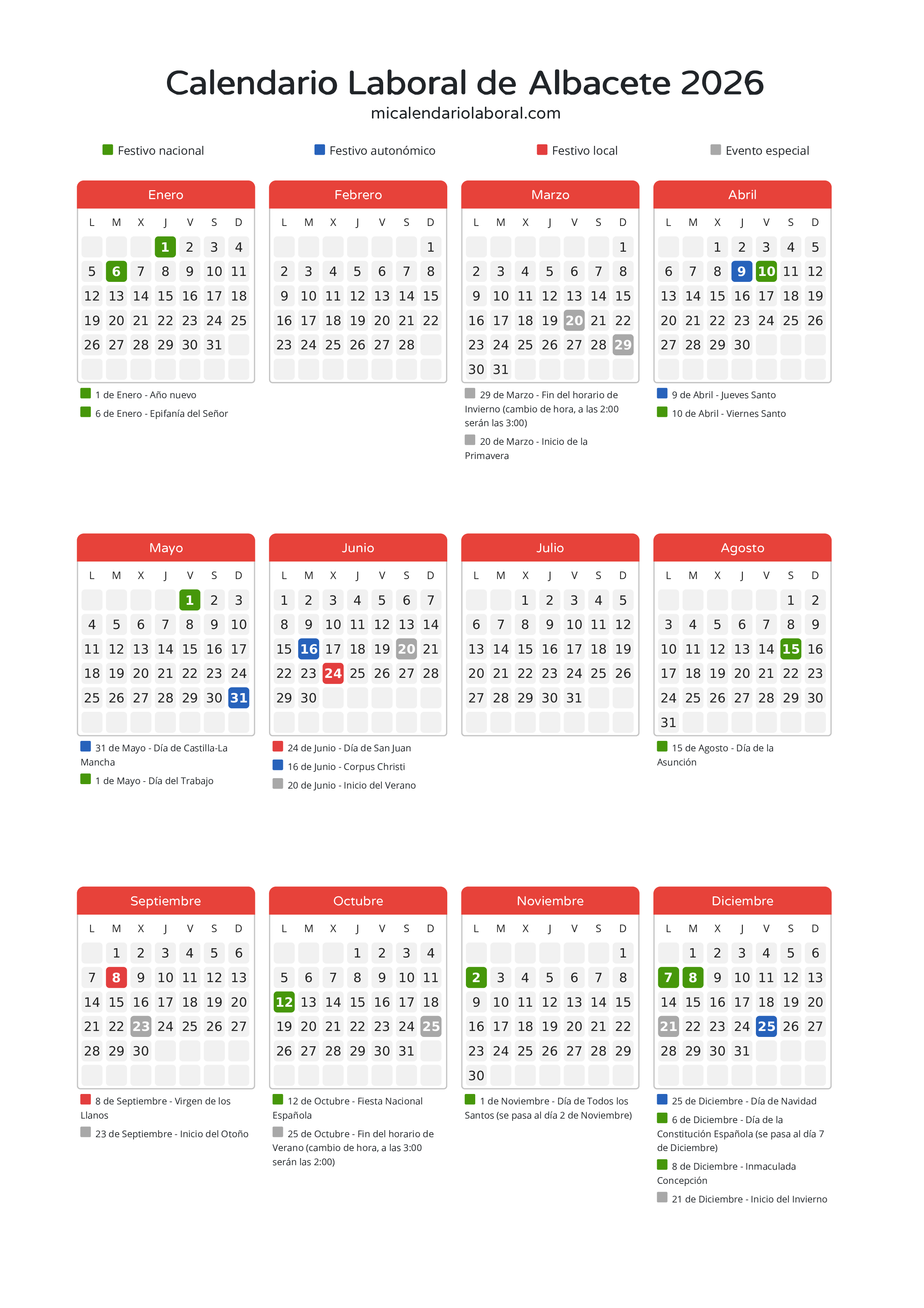 Calendario Laboral de Albacete 2026 - Días festivos - Descubre todos los festivos, días no laborables y días inhábiles en el calendario de Albacete propuestos por Junta de Comunidades de Castilla-La Mancha. Organiza tus vacaciones y puentes en 2026.