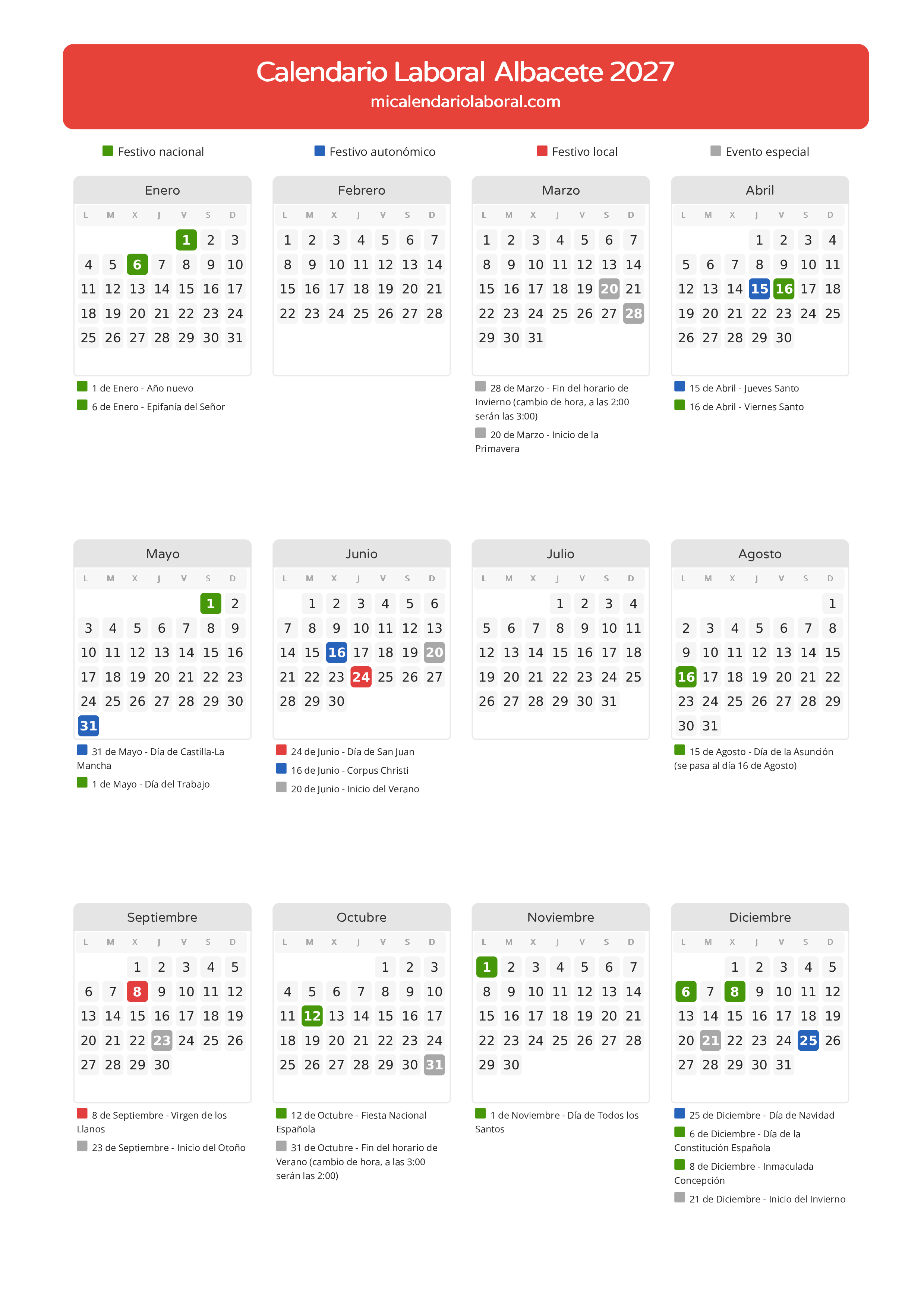 Calendario Laboral de Albacete 2027 - Días festivos - Todos los festivos y días no laborables del calendario de Albacete propuestos por Junta de Comunidades de Castilla-La Mancha. Organiza tus vacaciones y puentes en 2027.