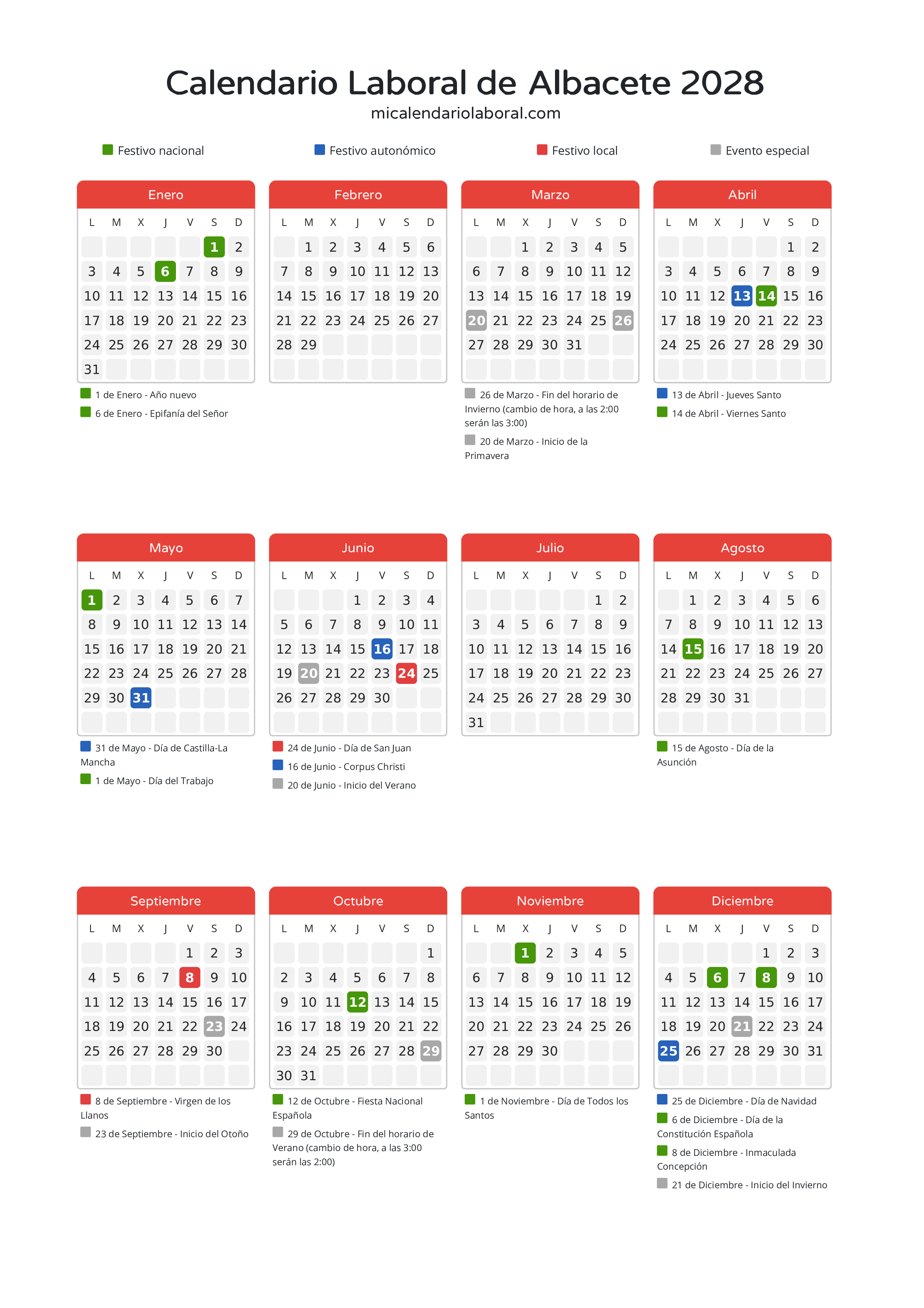 Calendario Laboral de Albacete 2028 - Días festivos - Todos los festivos y días no laborables del calendario de Albacete propuestos por Junta de Comunidades de Castilla-La Mancha. Organiza tus vacaciones y puentes en 2028.