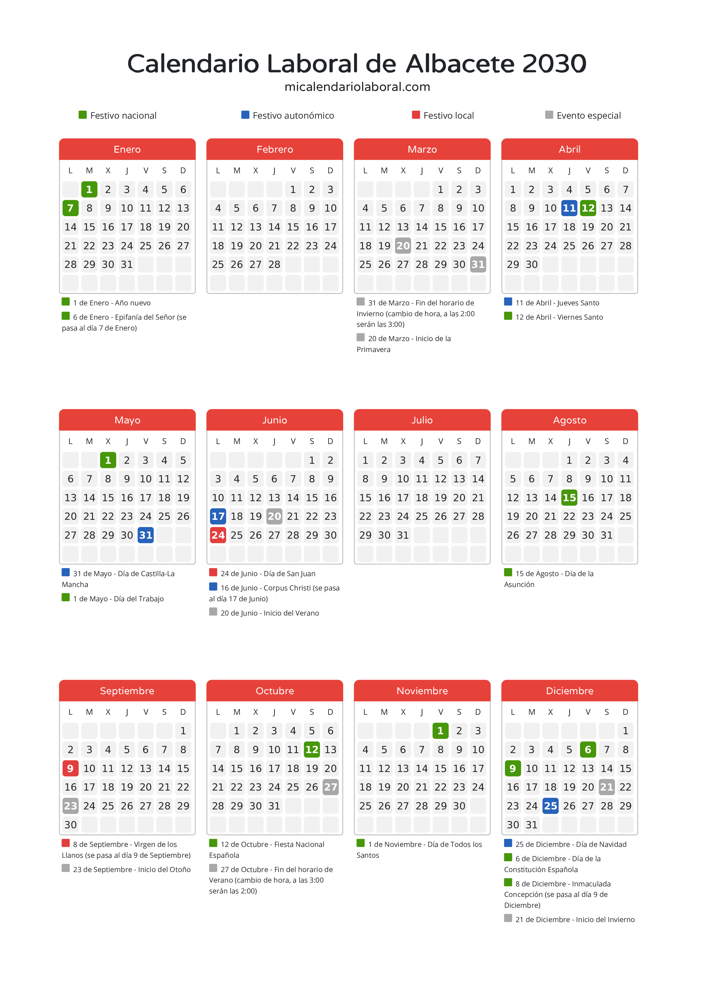 Calendario Laboral de Albacete 2030 - Días festivos - Todos los festivos y días no laborables del calendario de Albacete propuestos por Junta de Comunidades de Castilla-La Mancha. Organiza tus vacaciones y puentes en 2030.