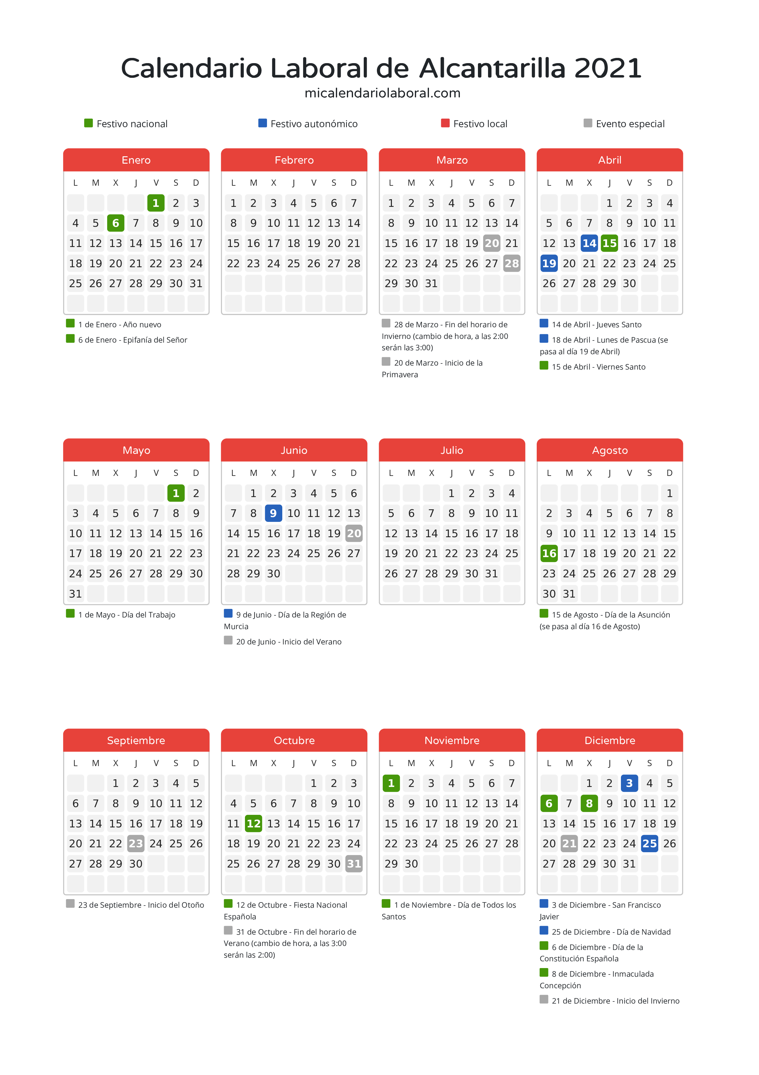 Calendario Laboral de Alcantarilla 2021 - Días festivos - Descubre todos los festivos, días no laborables y días inhábiles en el calendario de Alcantarilla propuestos por Gobierno de la Región Murcia. Organiza tus vacaciones y puentes en 2021.