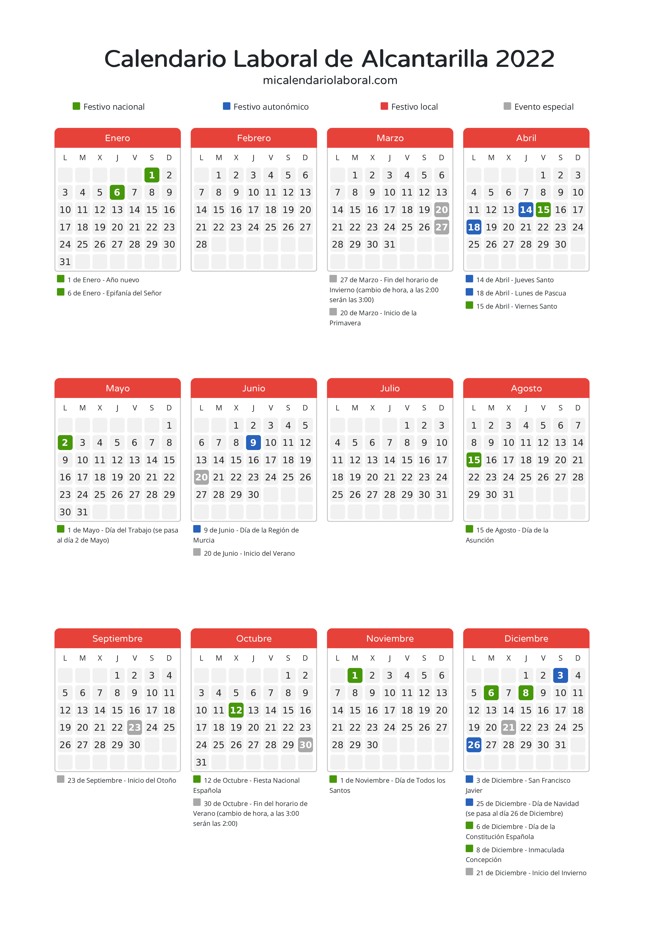 Calendario Laboral de Alcantarilla 2022 - Días festivos - Descubre todos los festivos, días no laborables y días inhábiles en el calendario de Alcantarilla propuestos por Gobierno de la Región Murcia. Organiza tus vacaciones y puentes en 2022.