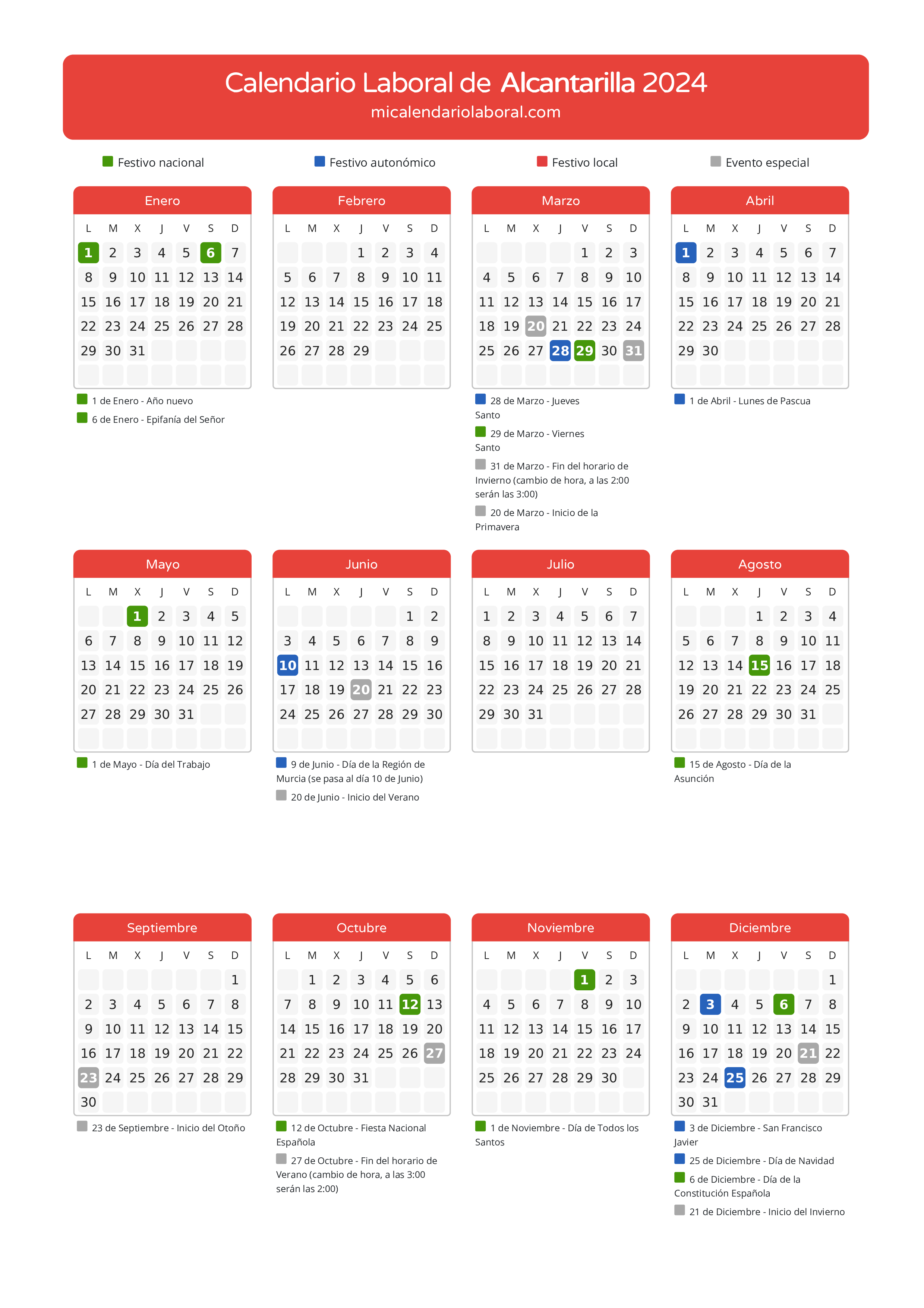 Calendario Laboral de Alcantarilla 2024 - Días festivos - Aquí tienes todos los días festivos, no laborables y días inhábiles de la provincia del calendario de Alcantarilla del año 2024