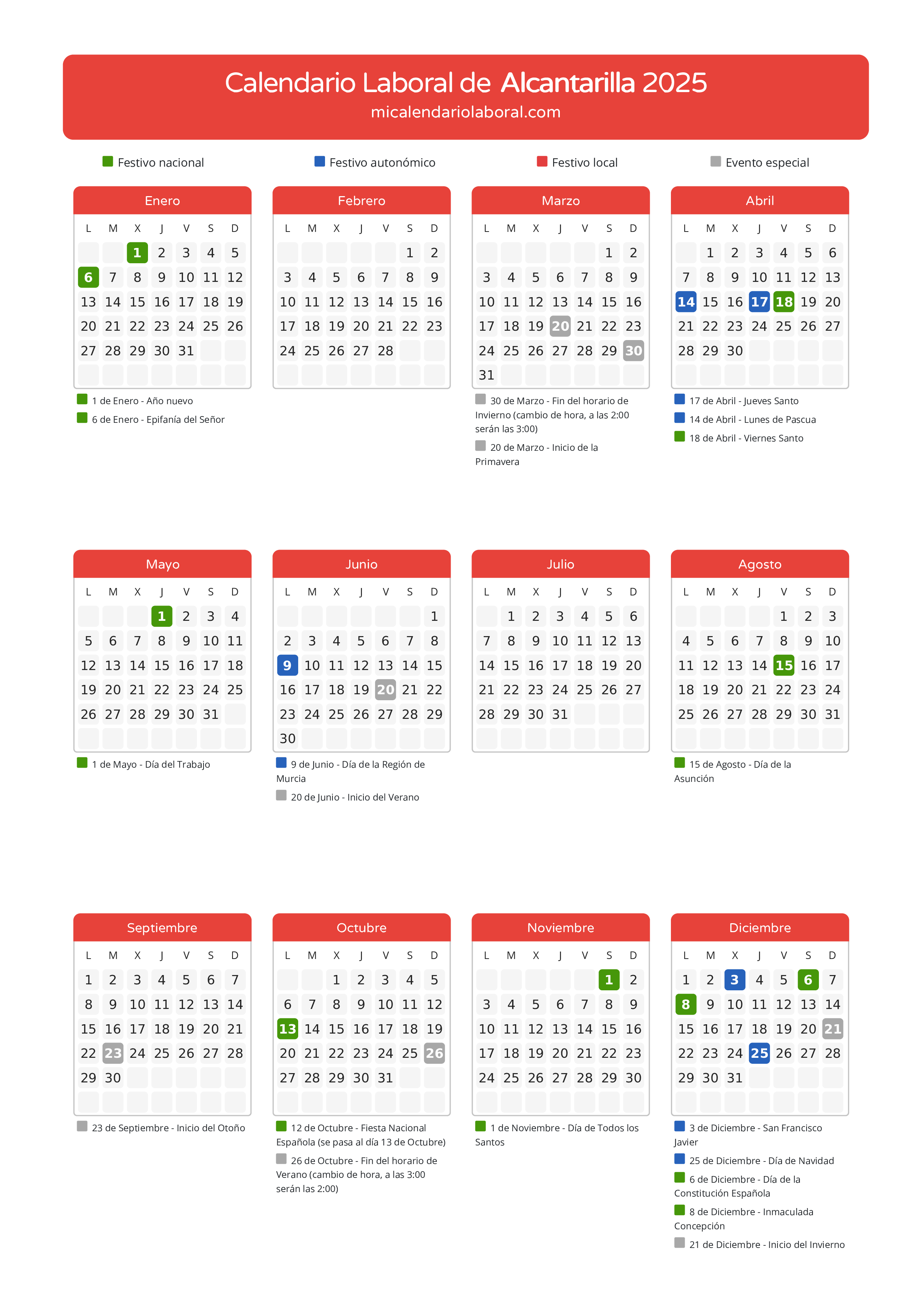 Calendario Laboral de Alcantarilla 2025 - Días festivos - Aquí tienes todos los días festivos, no laborables y días inhábiles de la provincia del calendario de Alcantarilla del año 2025