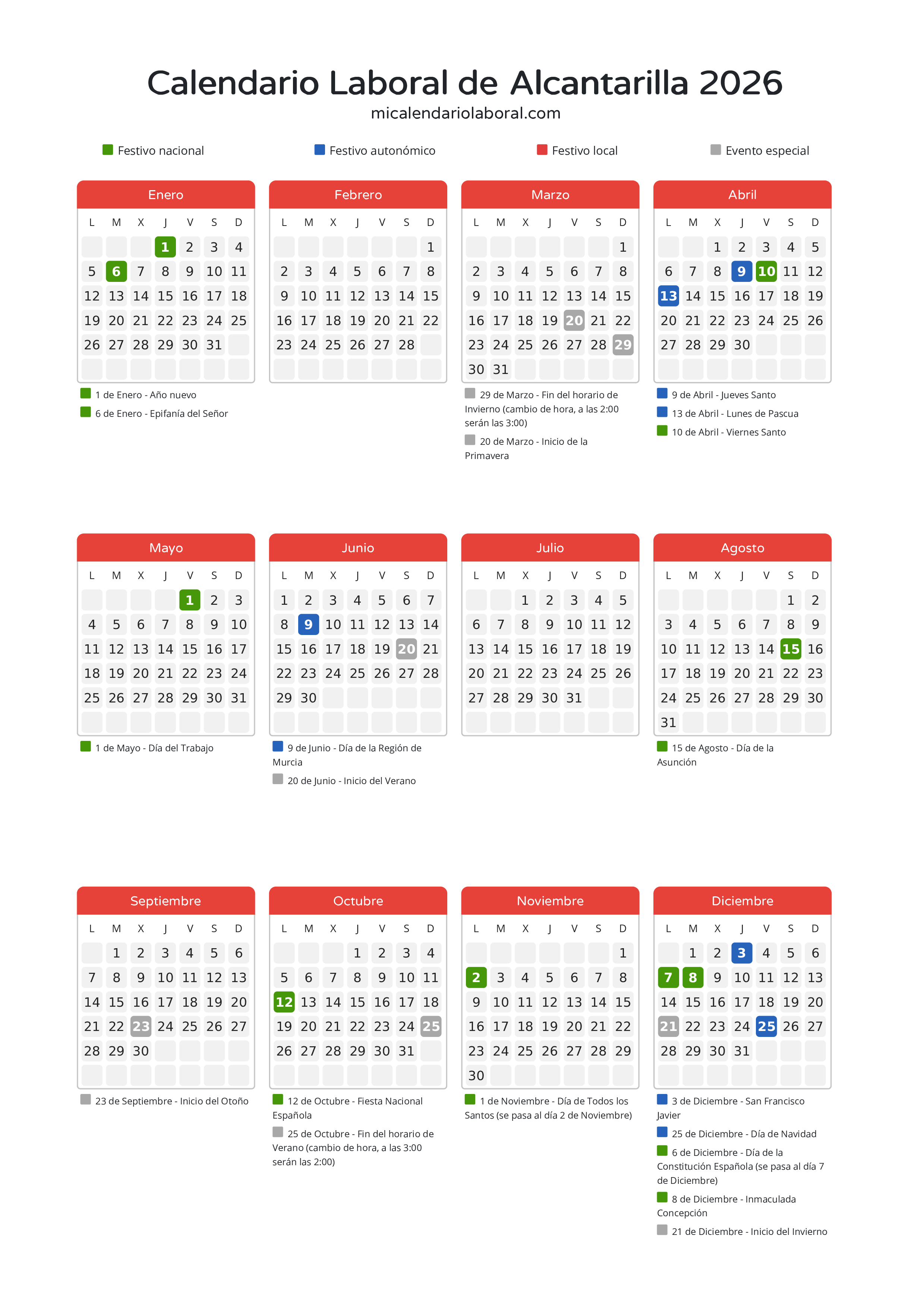 Calendario Laboral de Alcantarilla 2026 - Días festivos - Descubre todos los festivos, días no laborables y días inhábiles en el calendario de Alcantarilla propuestos por Gobierno de la Región Murcia. Organiza tus vacaciones y puentes en 2026.