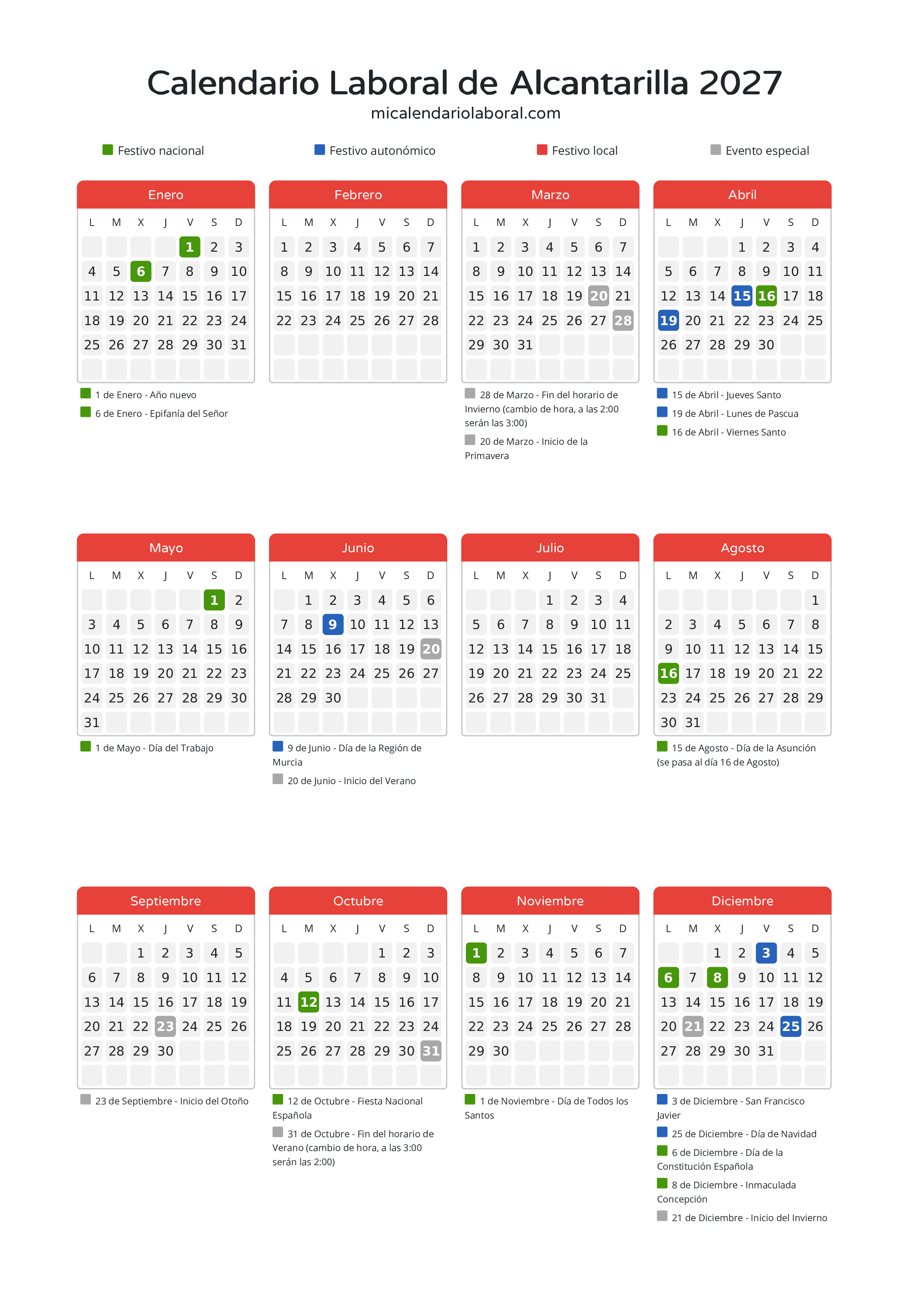 Calendario Laboral de Alcantarilla 2027 - Días festivos - Descubre todos los festivos, días no laborables y días inhábiles en el calendario de Alcantarilla propuestos por Gobierno de la Región Murcia. Organiza tus vacaciones y puentes en 2027.