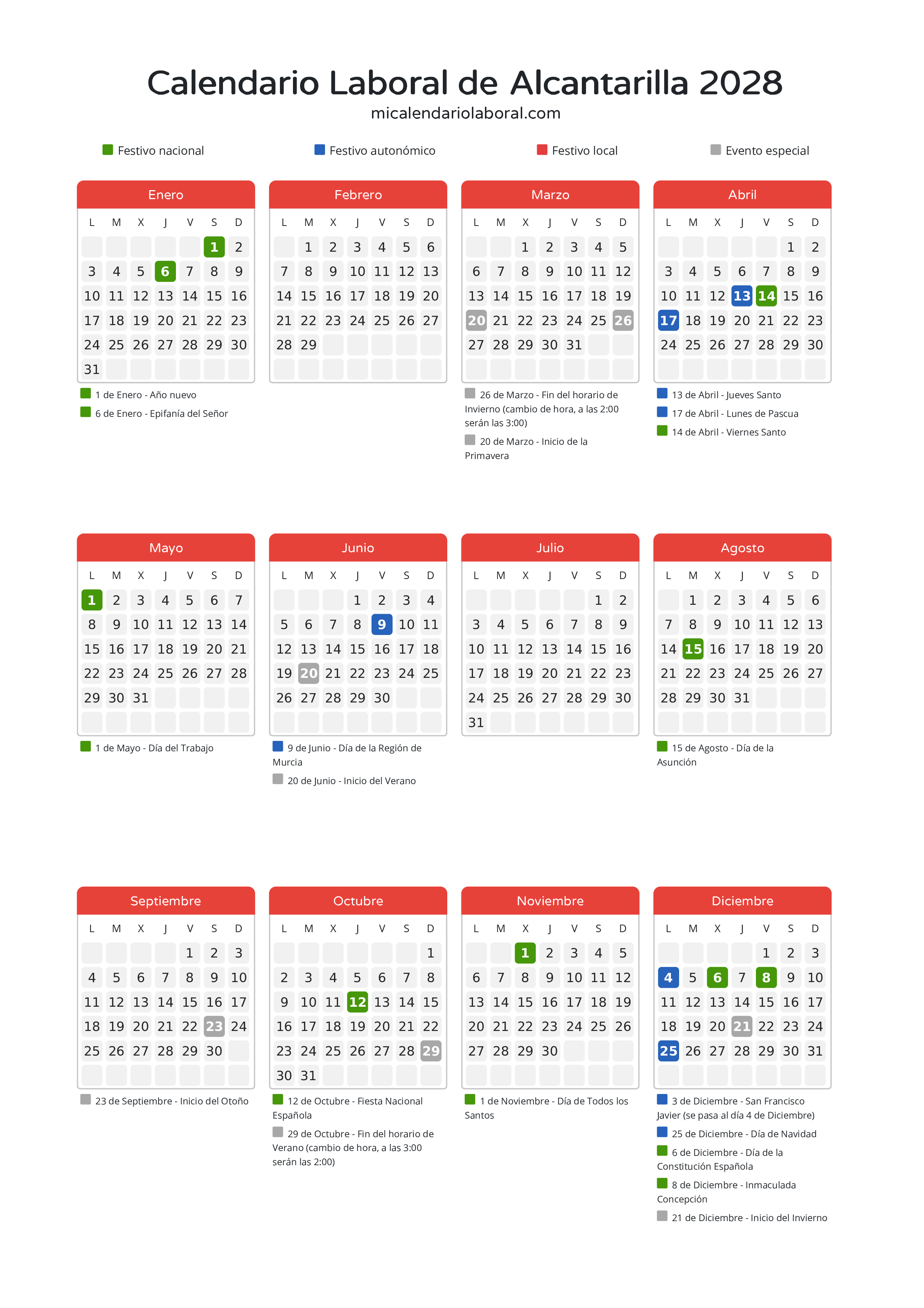 Calendario Laboral de Alcantarilla 2028 - Días festivos - Descubre todos los festivos, días no laborables y días inhábiles en el calendario de Alcantarilla propuestos por Gobierno de la Región Murcia. Organiza tus vacaciones y puentes en 2028.