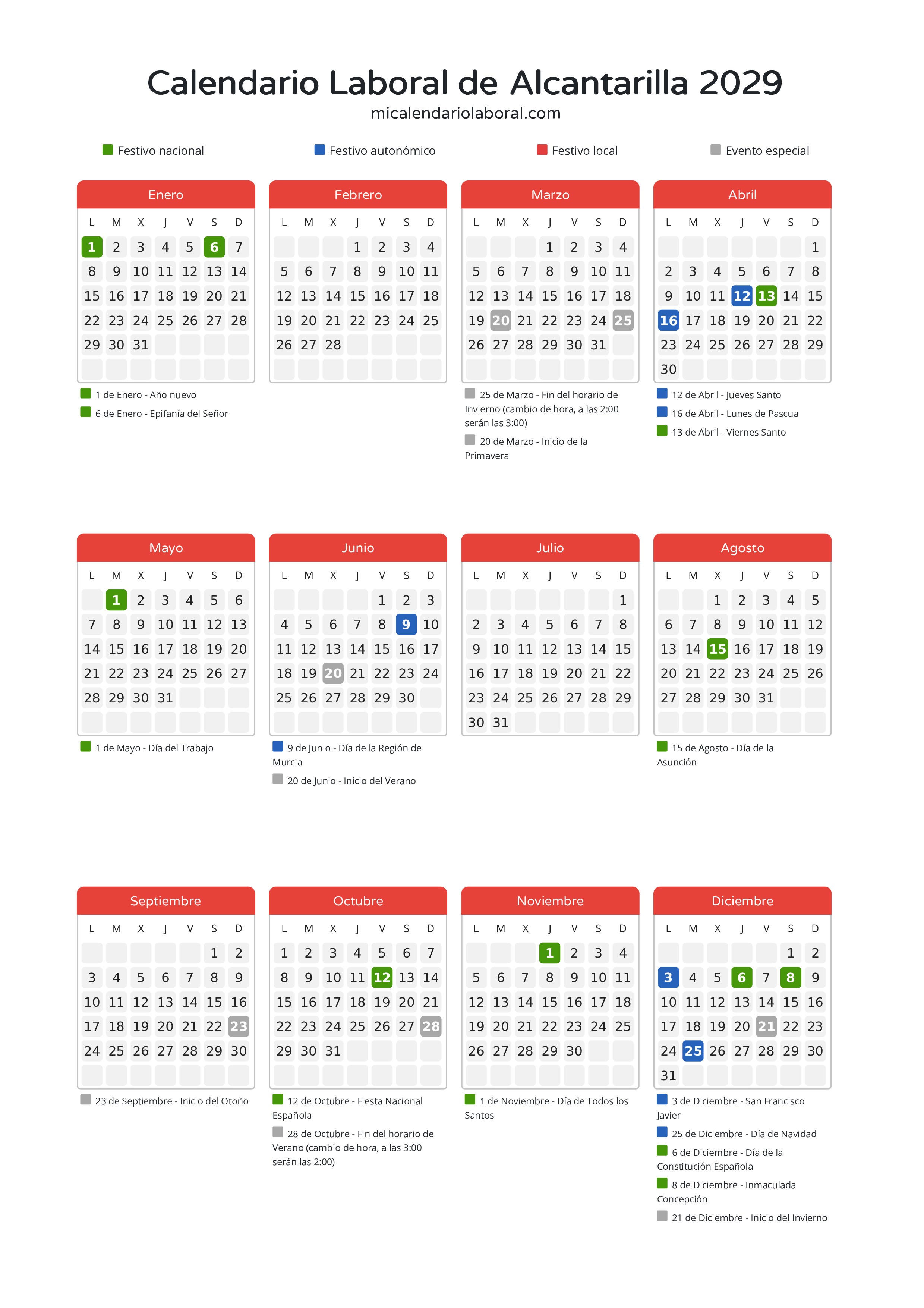 Calendario Laboral de Alcantarilla 2029 - Días festivos - Descubre todos los festivos, días no laborables y días inhábiles en el calendario de Alcantarilla propuestos por Gobierno de la Región Murcia. Organiza tus vacaciones y puentes en 2029.