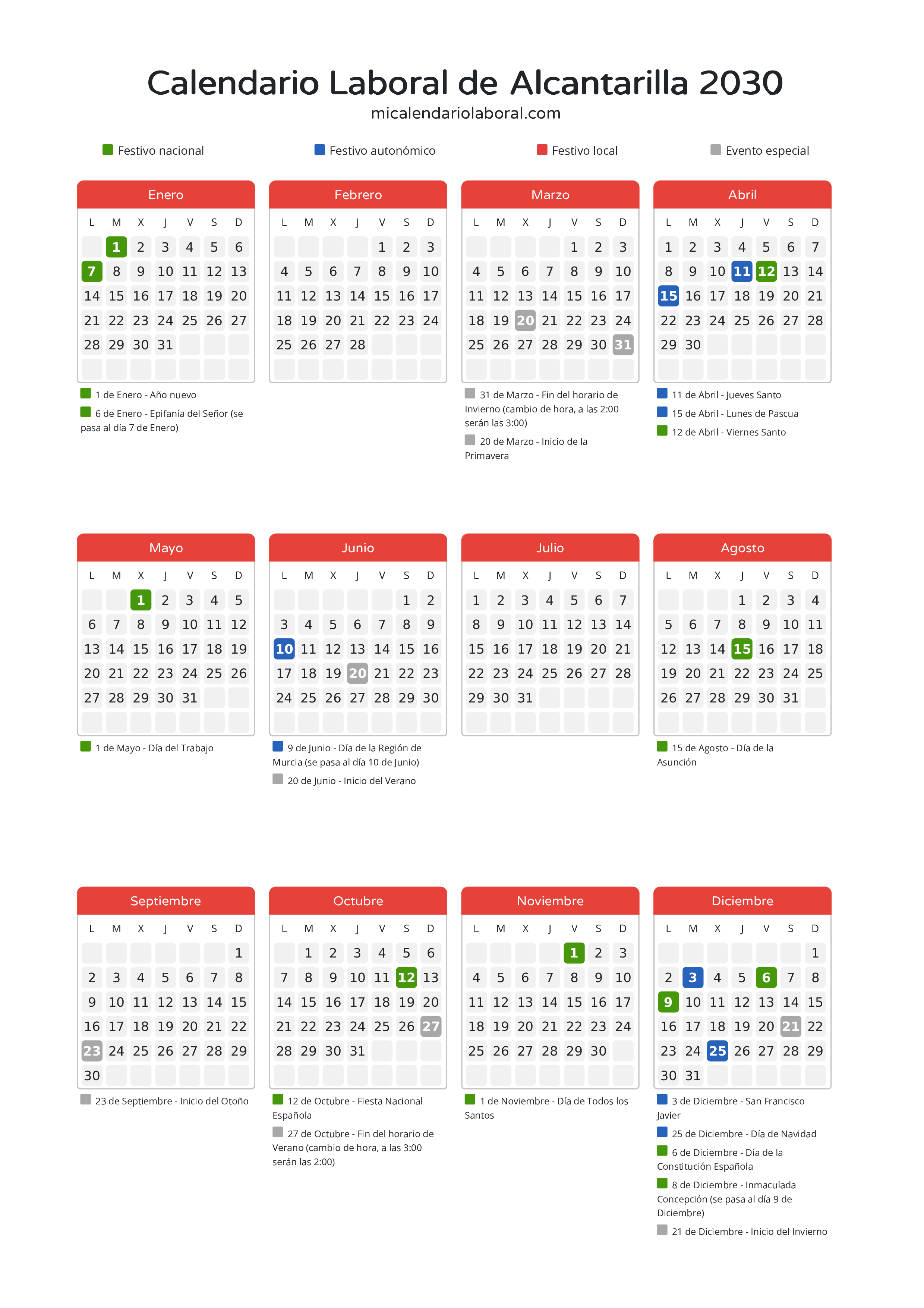 Calendario Laboral de Alcantarilla 2030 - Días festivos - Todos los festivos y días no laborables del calendario de Alcantarilla propuestos por Gobierno de la Región Murcia. Organiza tus vacaciones y puentes en 2030.