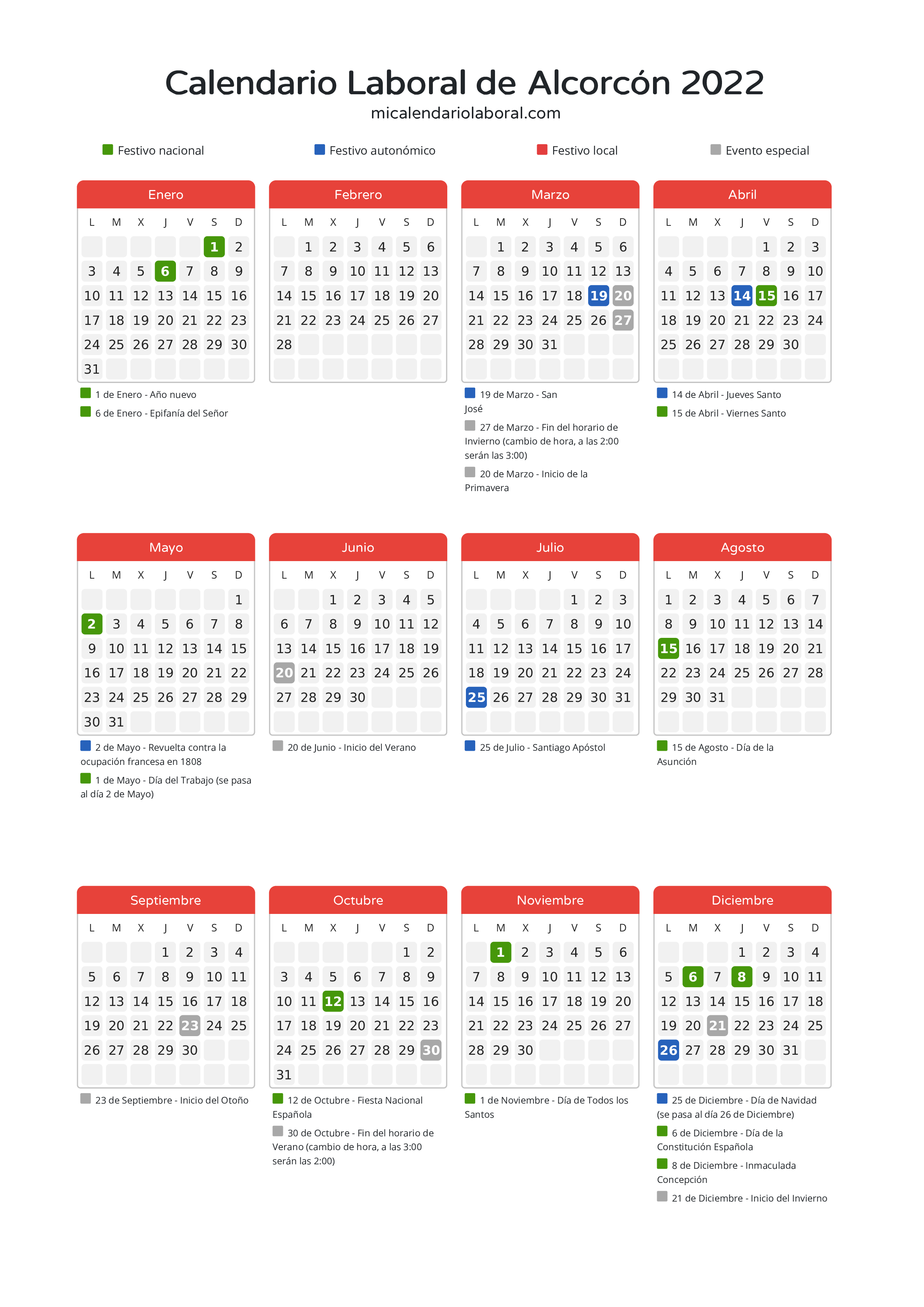 Calendario Laboral de Alcorcón 2022 - Días festivos - Descubre todos los festivos, días no laborables y días inhábiles en el calendario de Alcorcón propuestos por Gobierno de la Comunidad de Madrid. Organiza tus vacaciones y puentes en 2022.