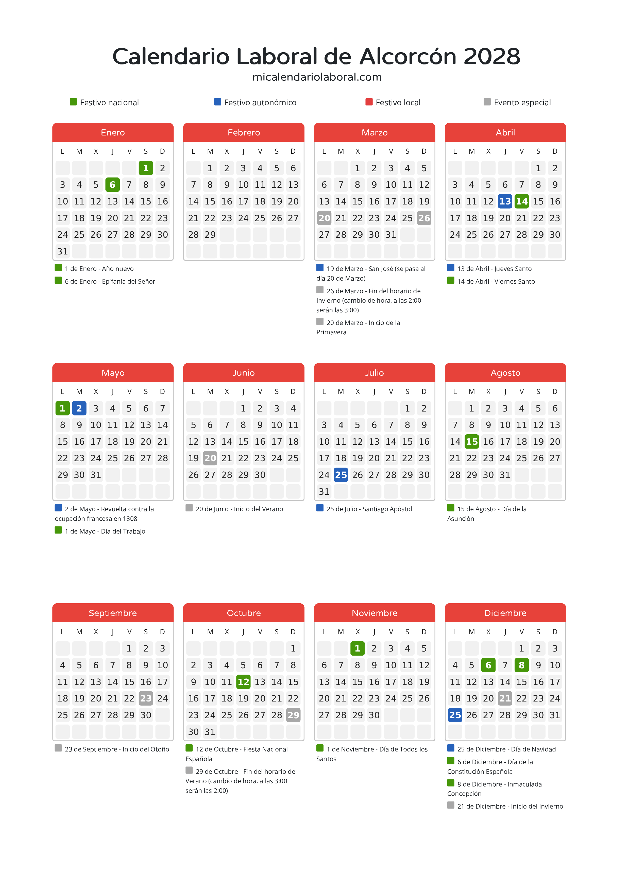 Calendario Laboral de Alcorcón 2028 - Días festivos - Descubre todos los festivos, días no laborables y días inhábiles en el calendario de Alcorcón propuestos por Gobierno de la Comunidad de Madrid. Organiza tus vacaciones y puentes en 2028.