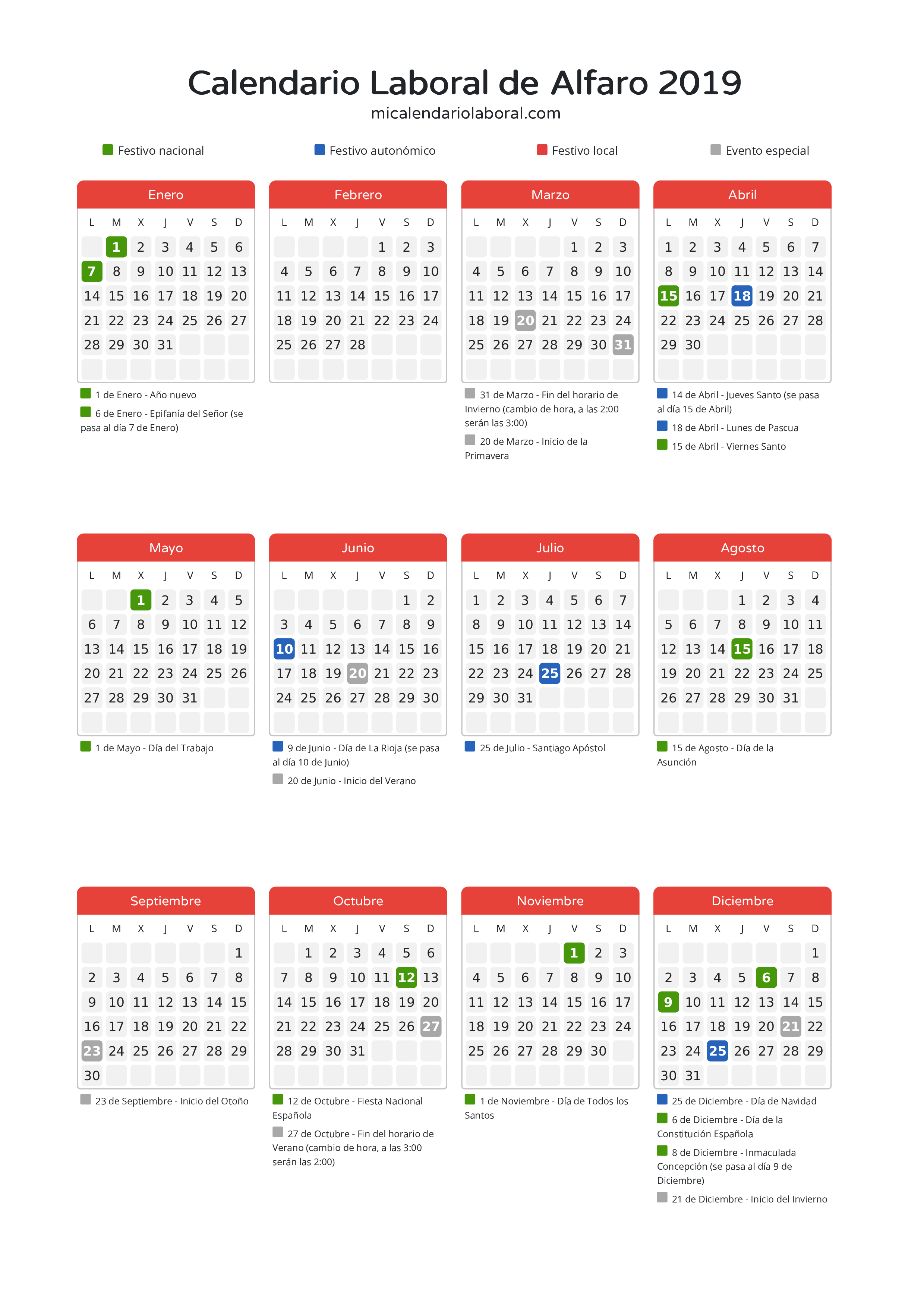 Calendario Laboral de Alfaro 2019 - Días festivos - Descubre todos los festivos, días no laborables y días inhábiles en el calendario de Alfaro propuestos por Gobierno de La Rioja. Organiza tus vacaciones y puentes en 2019.