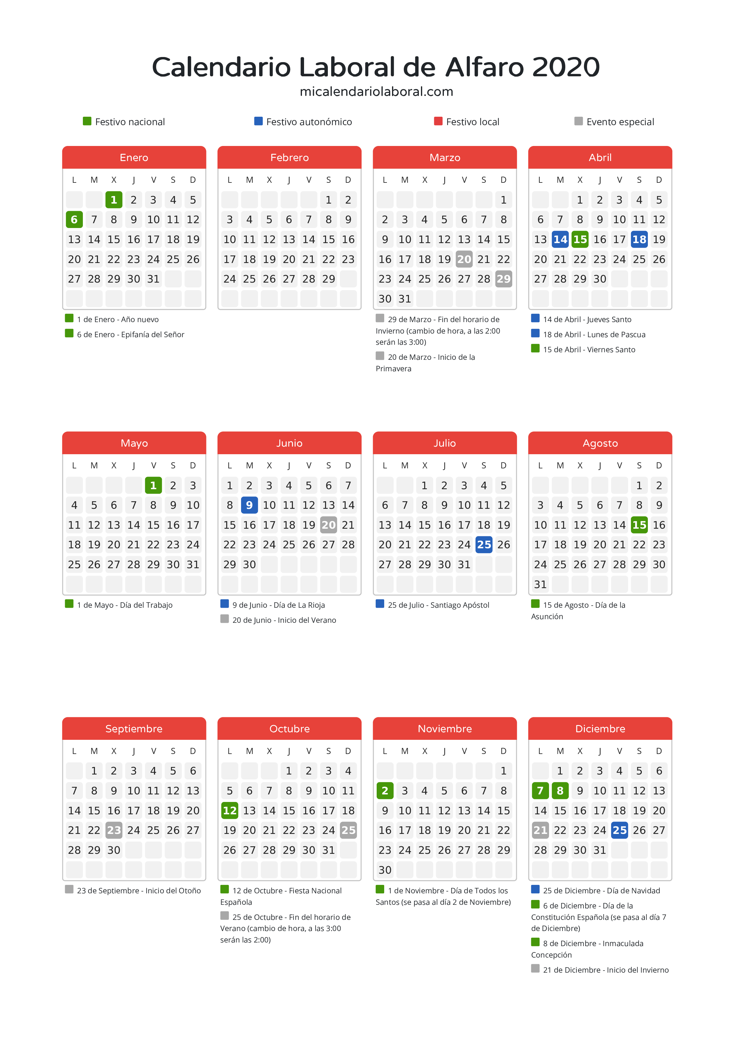 Calendario Laboral de Alfaro 2020 - Días festivos - Descubre todos los festivos, días no laborables y días inhábiles en el calendario de Alfaro propuestos por Gobierno de La Rioja. Organiza tus vacaciones y puentes en 2020.