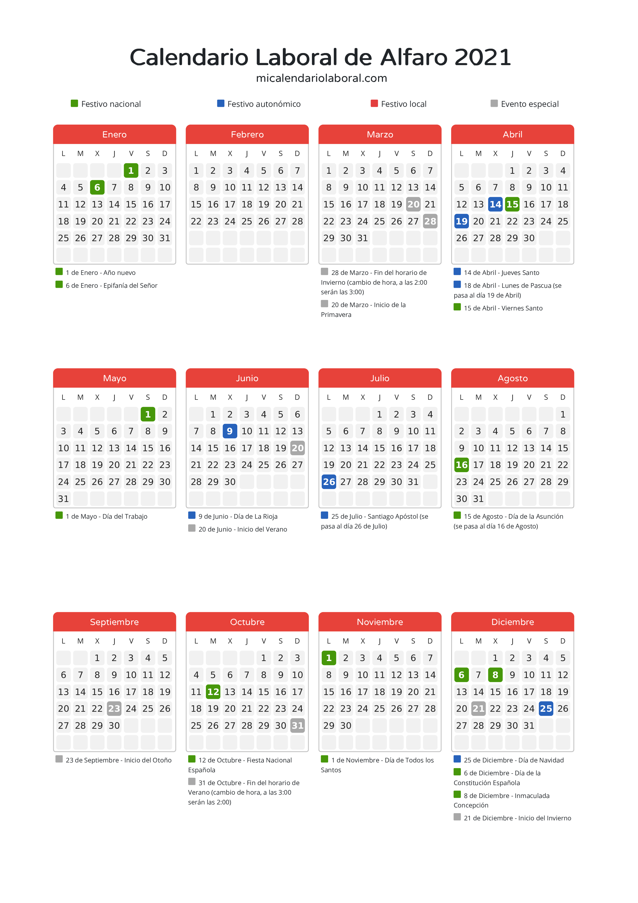 Calendario Laboral de Alfaro 2021 - Días festivos - Descubre todos los festivos, días no laborables y días inhábiles en el calendario de Alfaro propuestos por Gobierno de La Rioja. Organiza tus vacaciones y puentes en 2021.