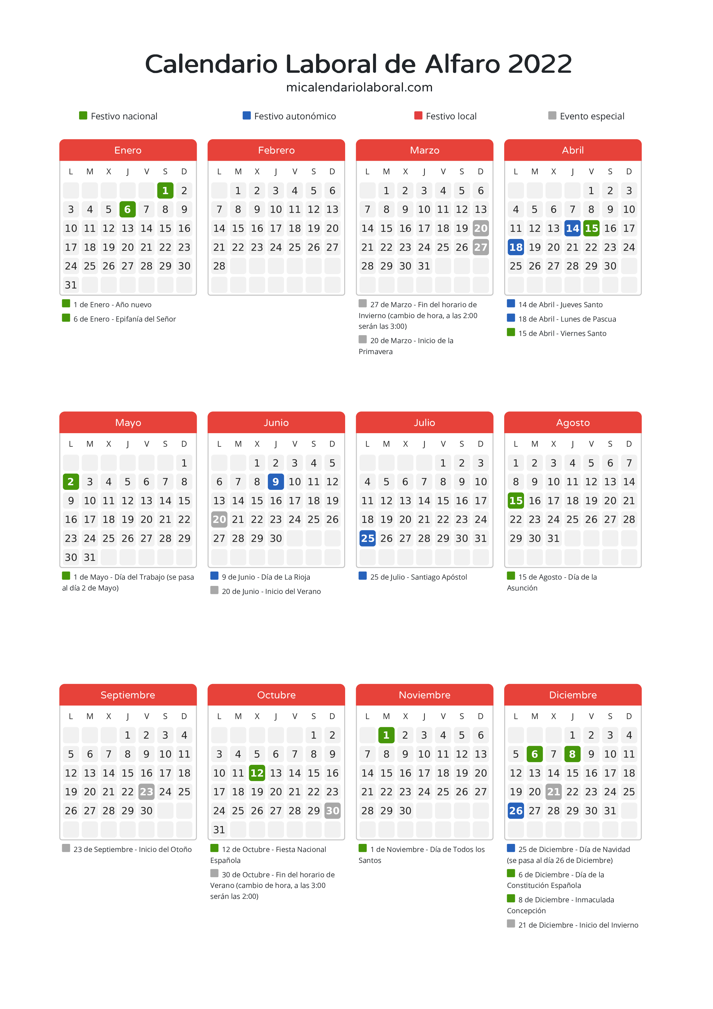 Calendario Laboral de Alfaro 2022 - Días festivos - Descubre todos los festivos, días no laborables y días inhábiles en el calendario de Alfaro propuestos por Gobierno de La Rioja. Organiza tus vacaciones y puentes en 2022.