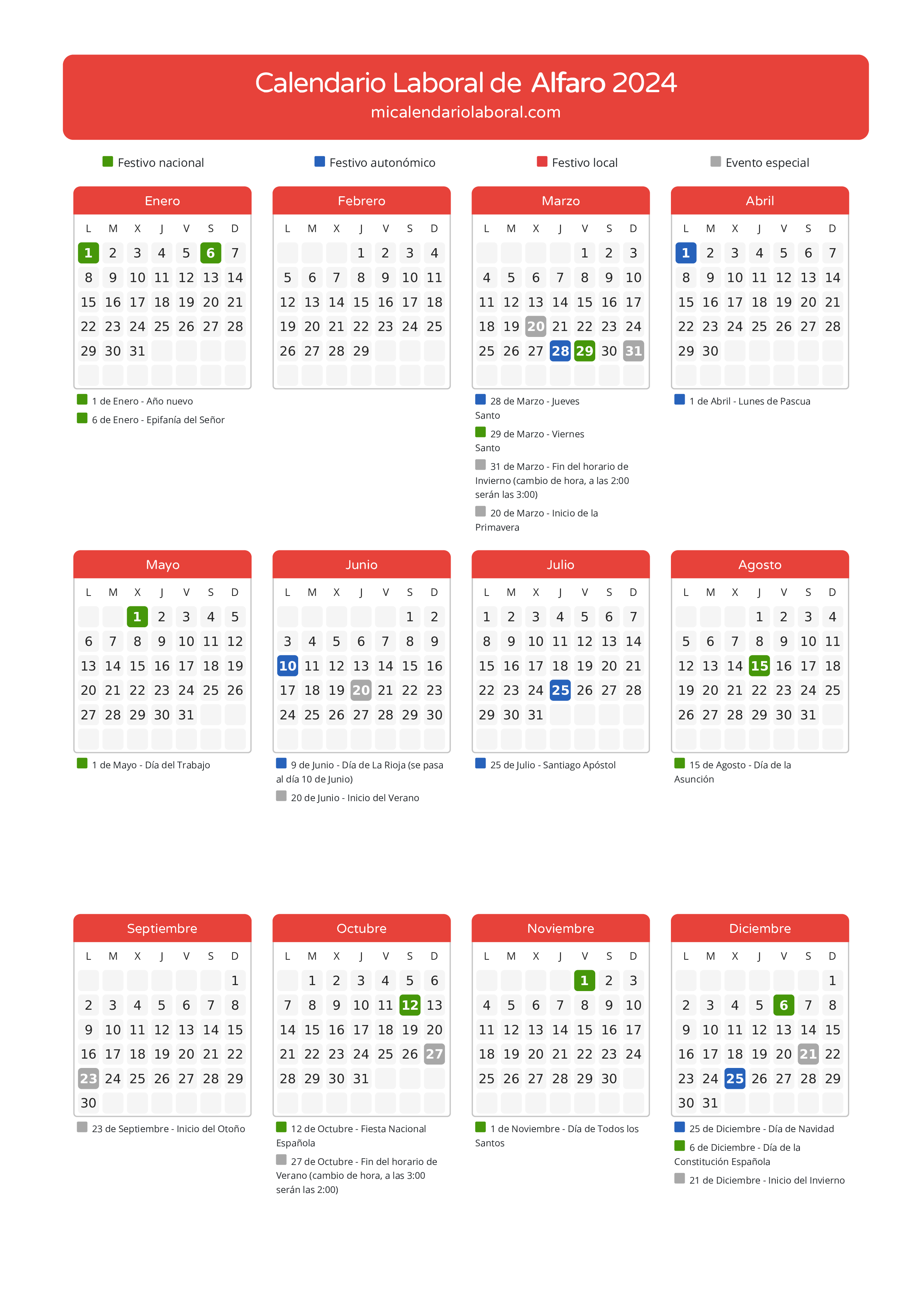 Calendario Laboral de Alfaro 2024 - Días festivos - Descubre todos los festivos, días no laborables y días inhábiles en el calendario de Alfaro propuestos por Gobierno de La Rioja. Organiza tus vacaciones y puentes en 2024.