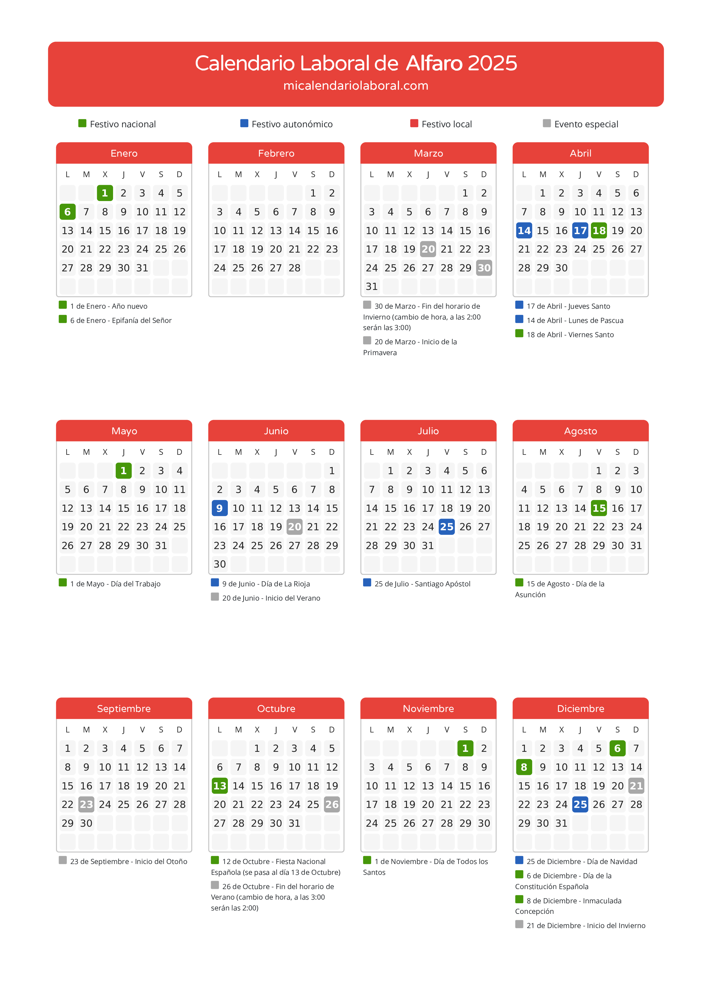 Calendario Laboral de Alfaro 2025 - Días festivos - Descubre todos los festivos, días no laborables y días inhábiles en el calendario de Alfaro propuestos por Gobierno de La Rioja. Organiza tus vacaciones y puentes en 2025.