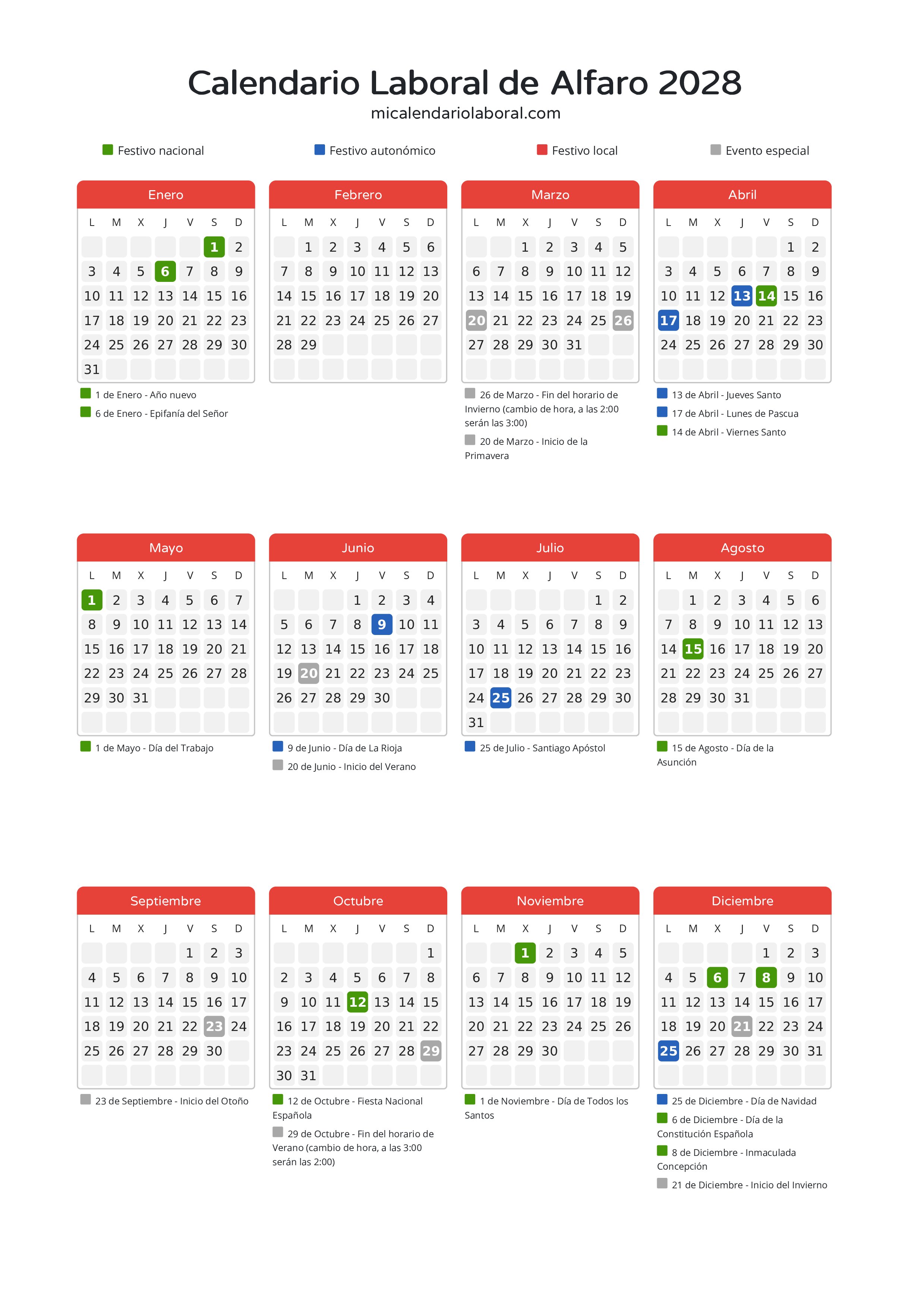 Calendario Laboral de Alfaro 2028 - Días festivos - Descubre todos los festivos, días no laborables y días inhábiles en el calendario de Alfaro propuestos por Gobierno de La Rioja. Organiza tus vacaciones y puentes en 2028.