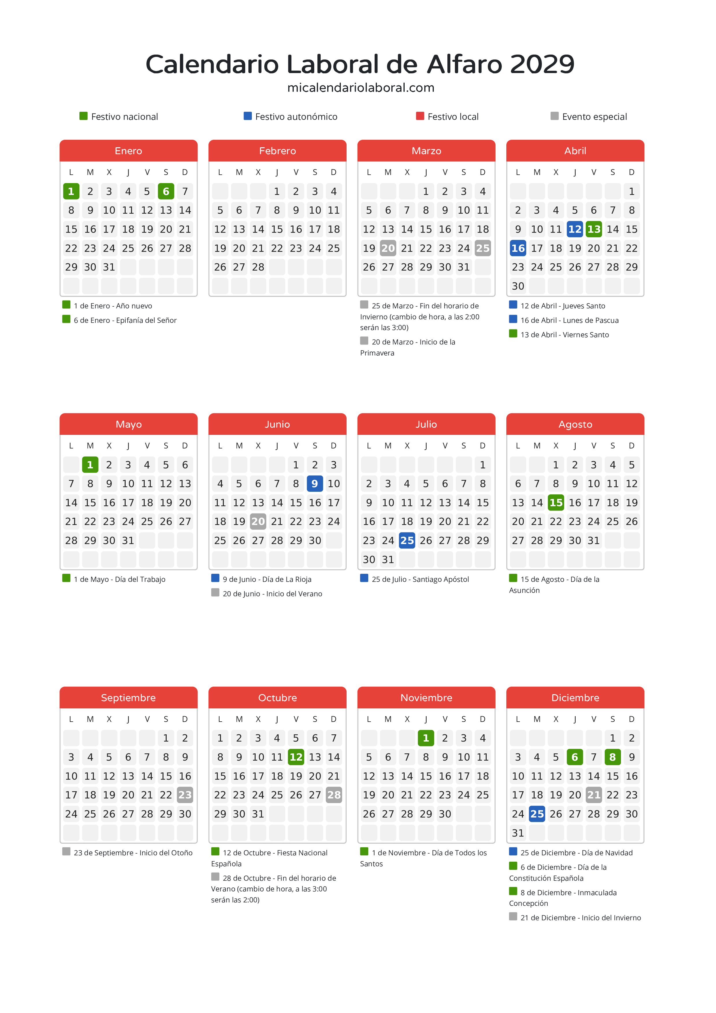 Calendario Laboral de Alfaro 2029 - Días festivos - Descubre todos los festivos, días no laborables y días inhábiles en el calendario de Alfaro propuestos por Gobierno de La Rioja. Organiza tus vacaciones y puentes en 2029.