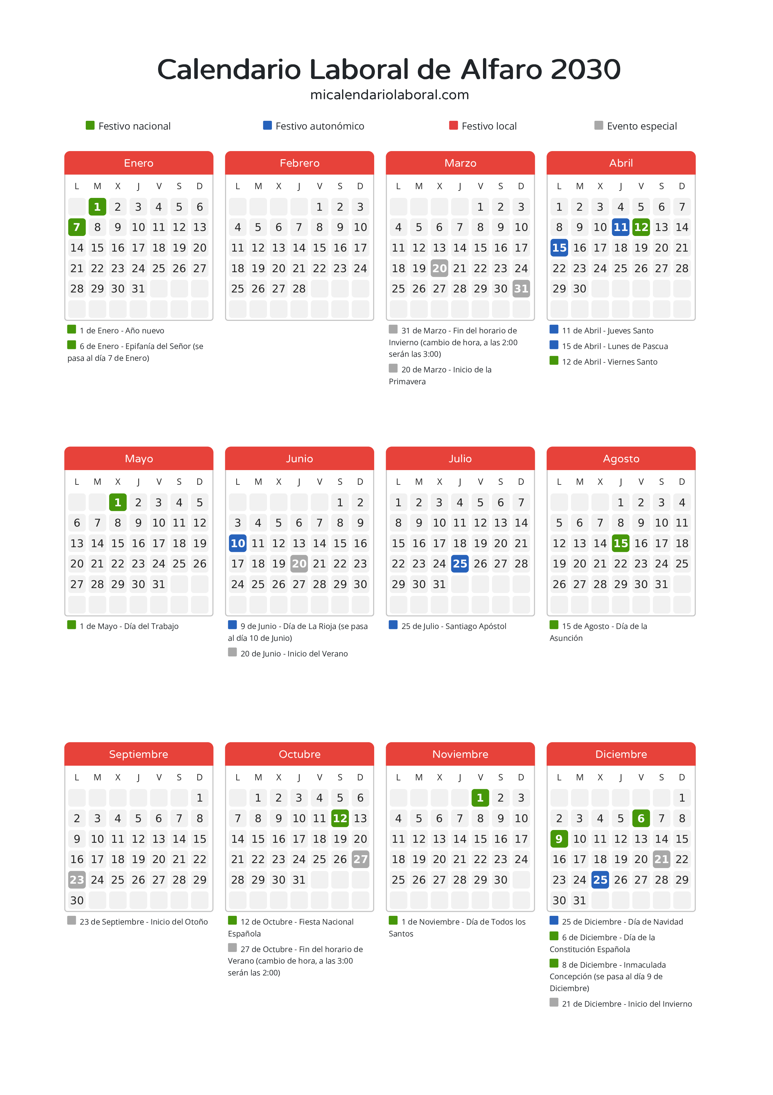 Calendario Laboral de Alfaro 2030 - Días festivos - Todos los festivos y días no laborables del calendario de Alfaro propuestos por Gobierno de La Rioja. Organiza tus vacaciones y puentes en 2030.