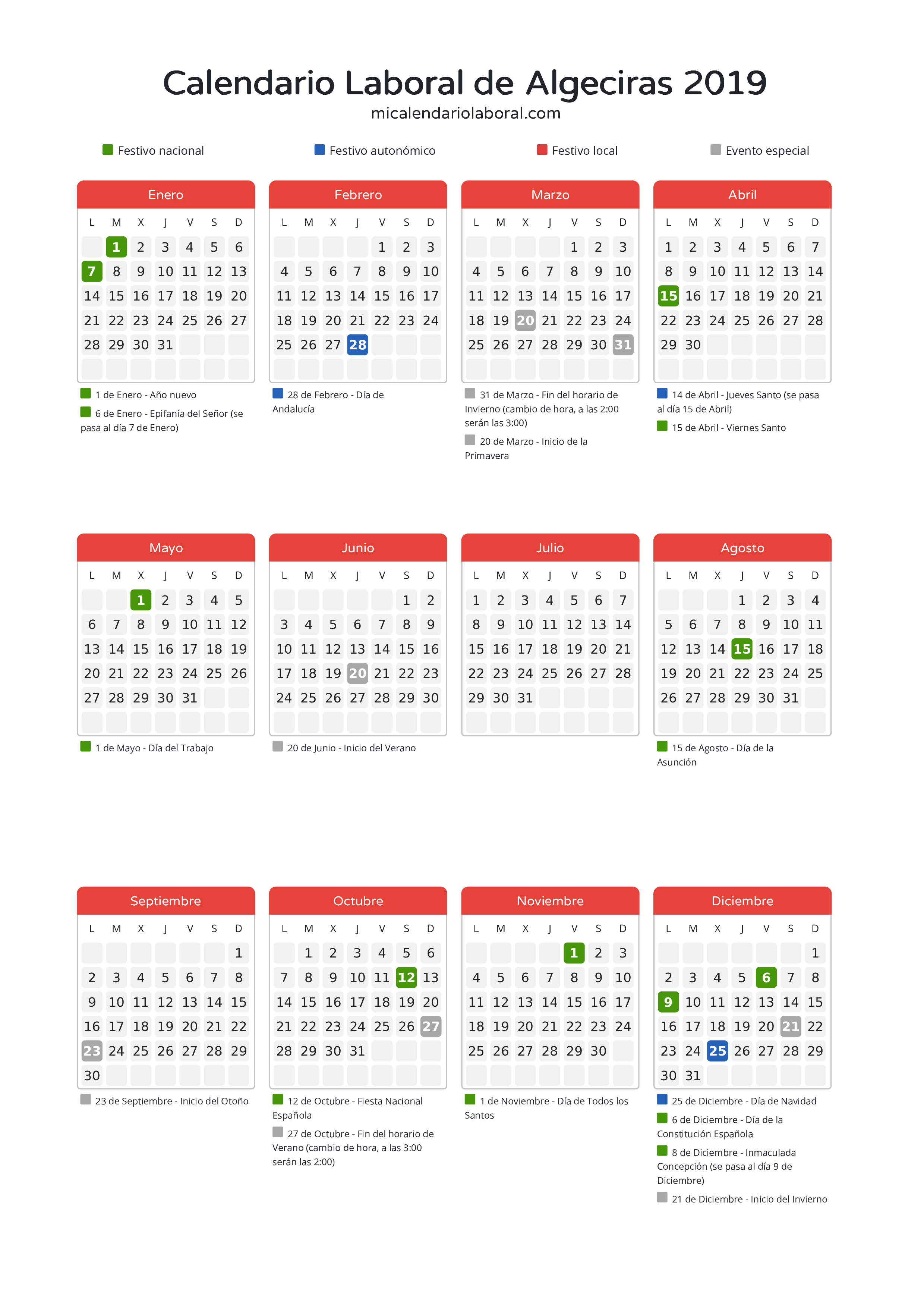 Calendario Laboral de Algeciras 2019 - Días festivos - Descubre todos los festivos, días no laborables y días inhábiles en el calendario de Algeciras propuestos por Junta de Andalucía. Organiza tus vacaciones y puentes en 2019.
