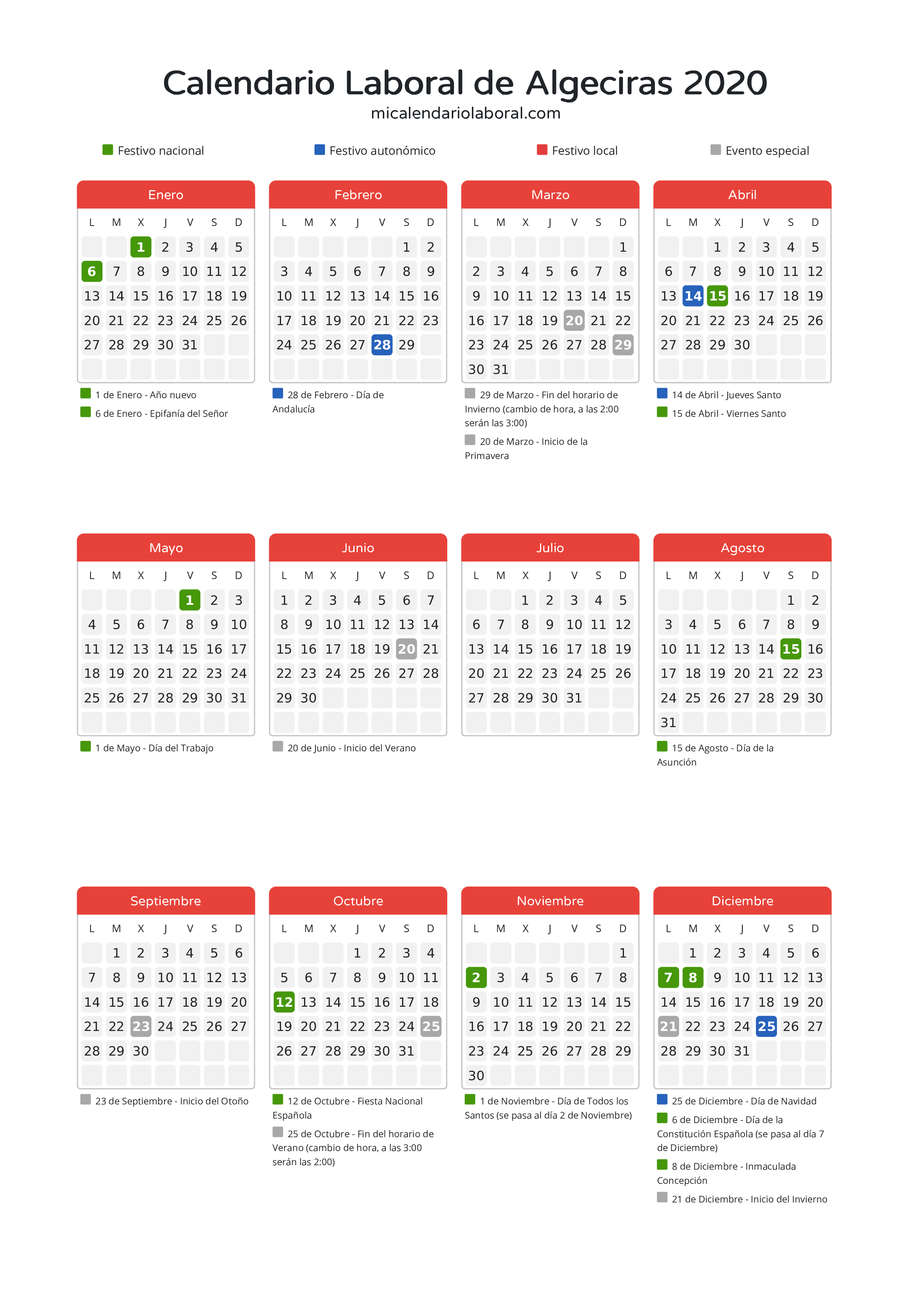 Calendario Laboral de Algeciras 2020 - Días festivos - Descubre todos los festivos, días no laborables y días inhábiles en el calendario de Algeciras propuestos por Junta de Andalucía. Organiza tus vacaciones y puentes en 2020.