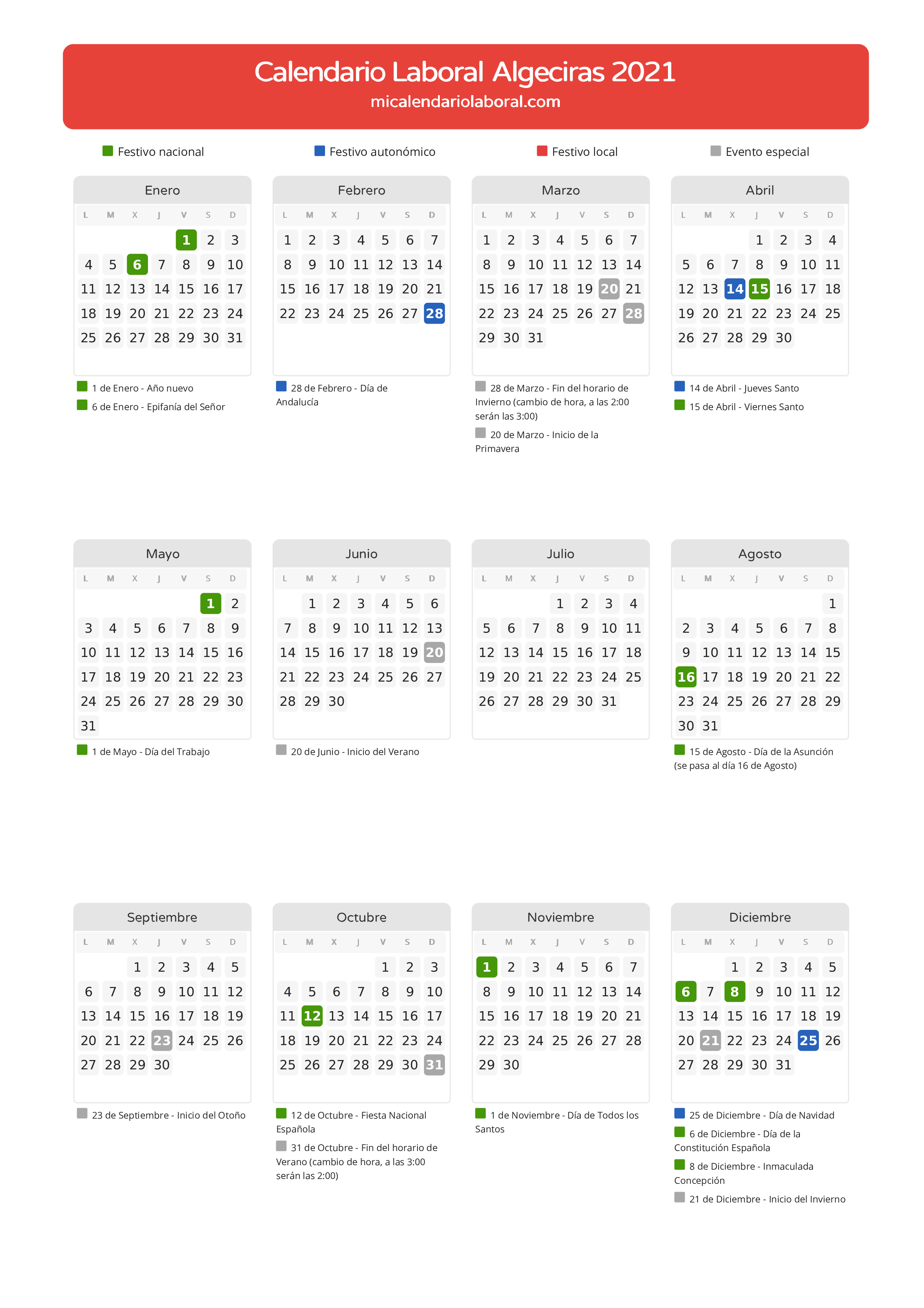 Calendario Laboral de Algeciras 2021 - Días festivos - Todos los festivos y días no laborables del calendario de Algeciras propuestos por Junta de Andalucía. Organiza tus vacaciones y puentes en 2021.