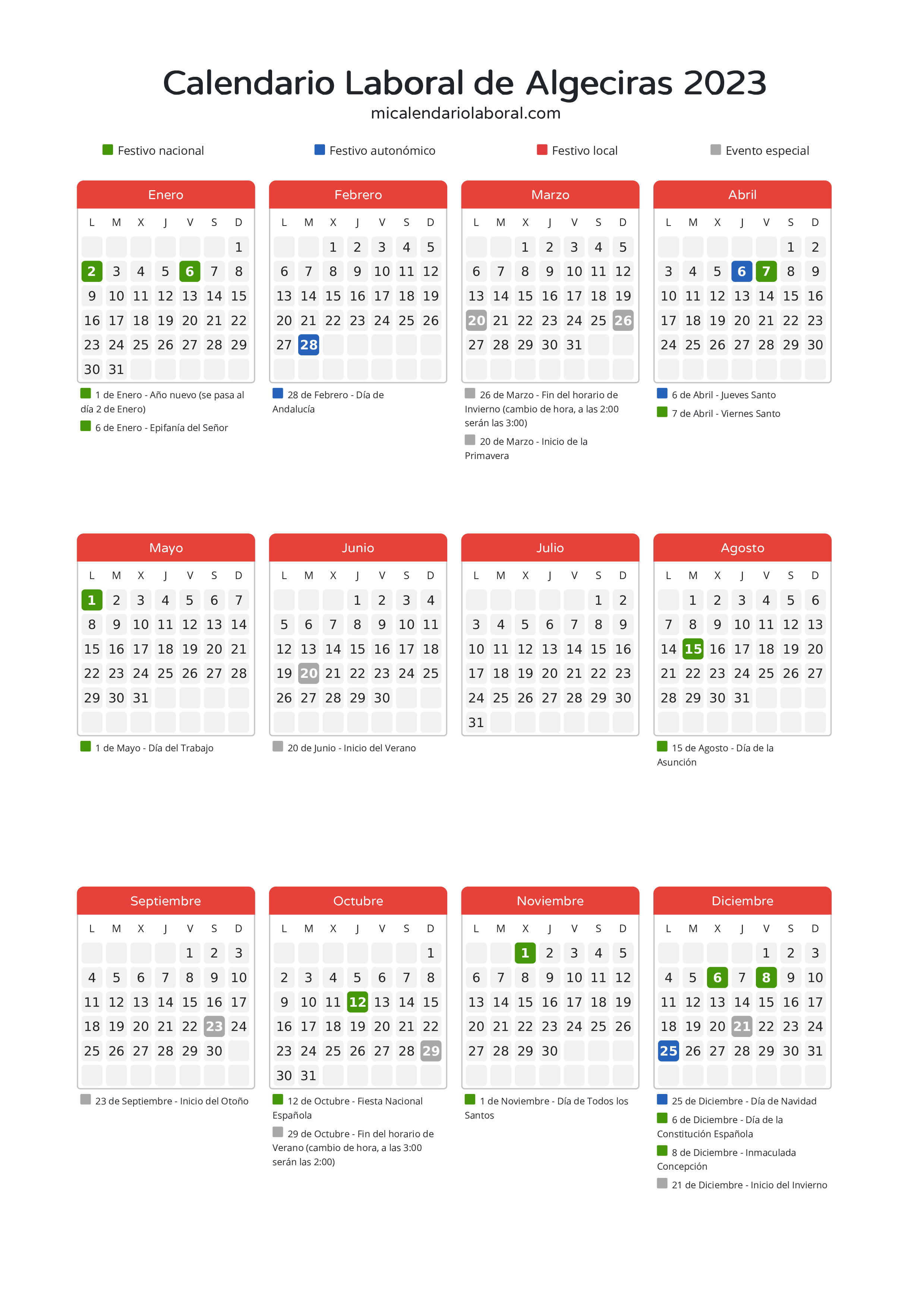 Calendario Laboral de Algeciras 2023 - Días festivos - Descubre todos los festivos, días no laborables y días inhábiles en el calendario de la provincia de Algeciras propuestos por Junta de Andalucía. Anticípate a los eventos y organiza tus vacaciones y puentes en 2023.