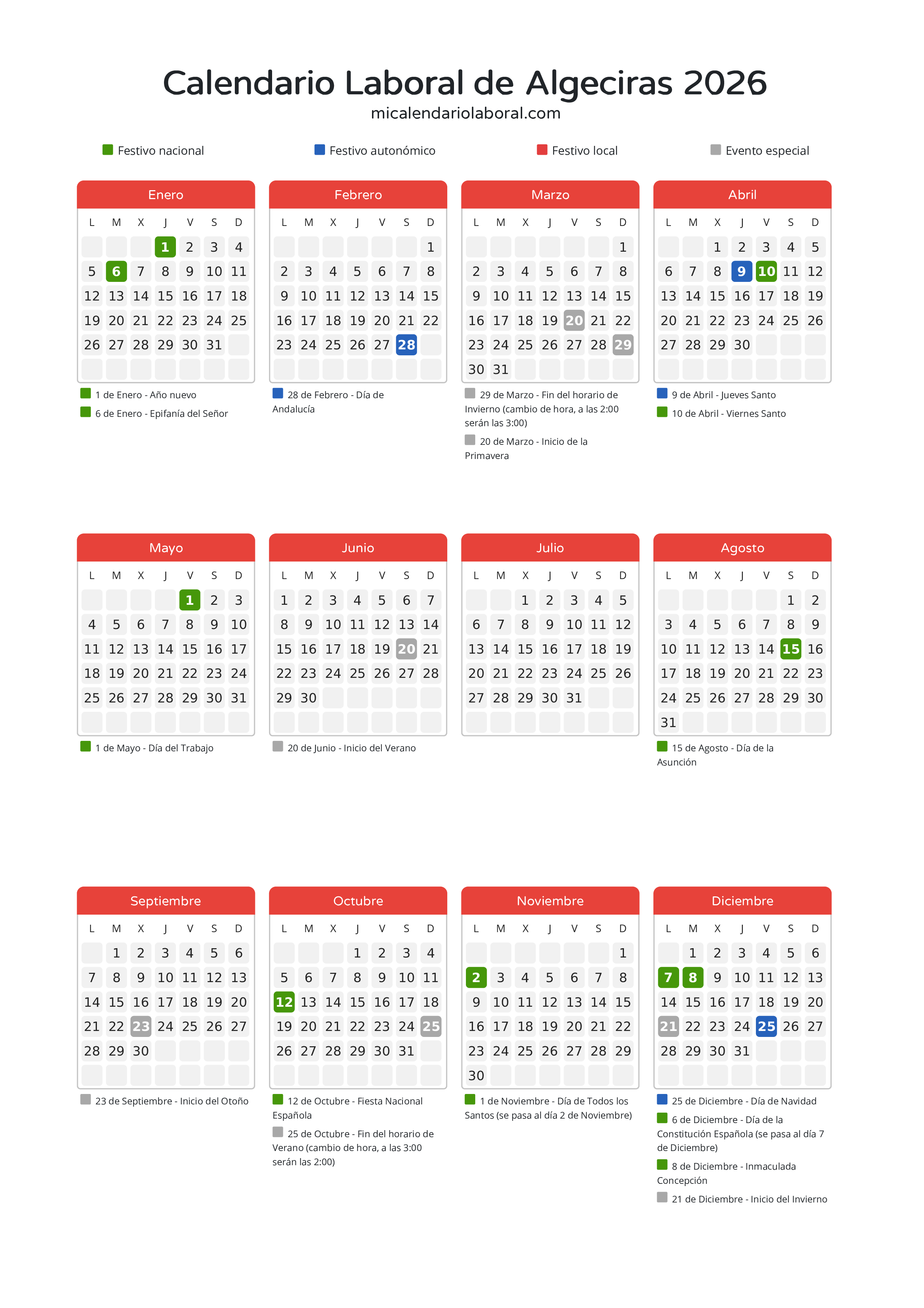Calendario Laboral de Algeciras 2026 - Días festivos - Descubre todos los festivos, días no laborables y días inhábiles en el calendario de Algeciras propuestos por Junta de Andalucía. Organiza tus vacaciones y puentes en 2026.