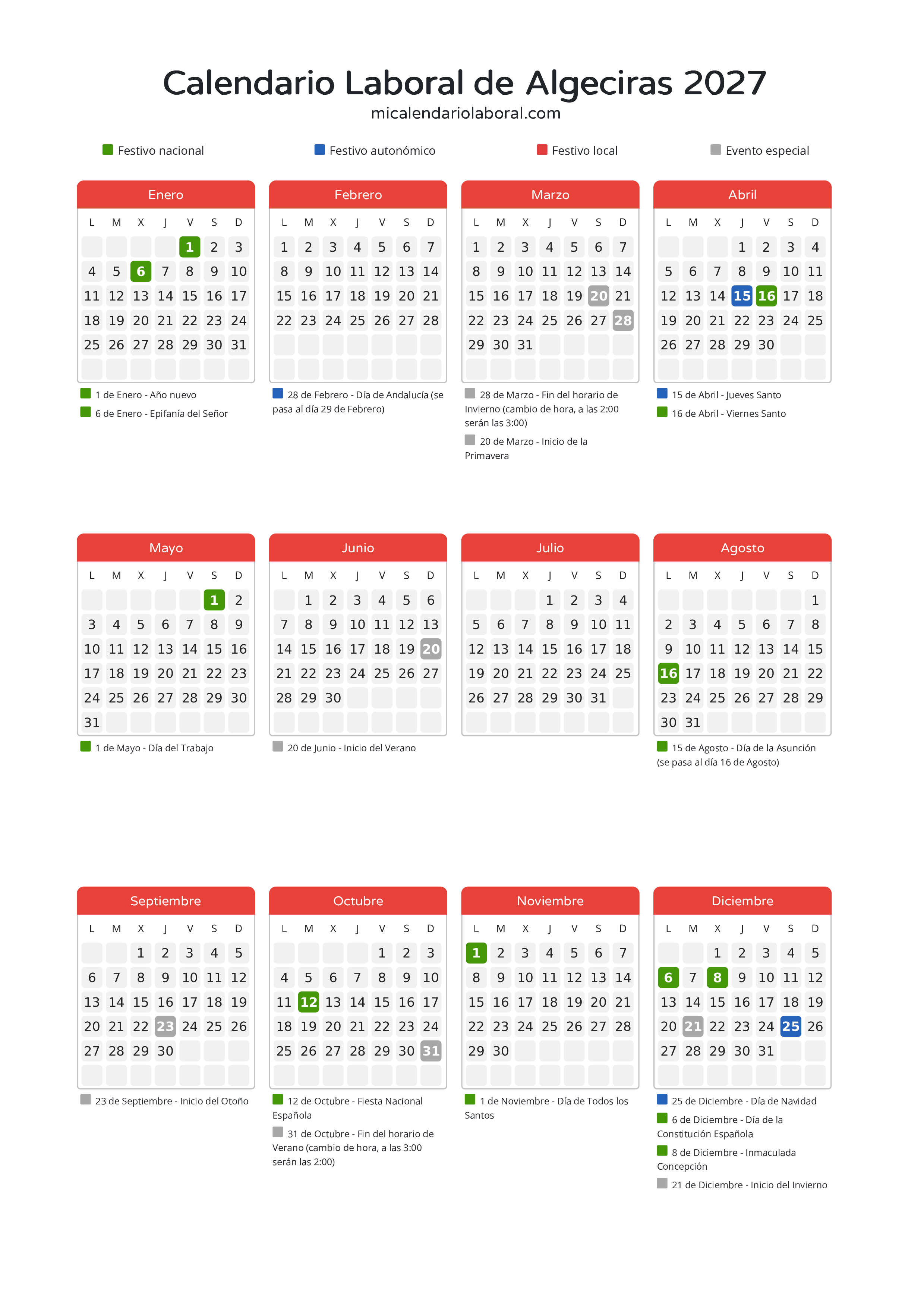 Calendario Laboral de Algeciras 2027 - Días festivos - Descubre todos los festivos, días no laborables y días inhábiles en el calendario de Algeciras propuestos por Junta de Andalucía. Organiza tus vacaciones y puentes en 2027.